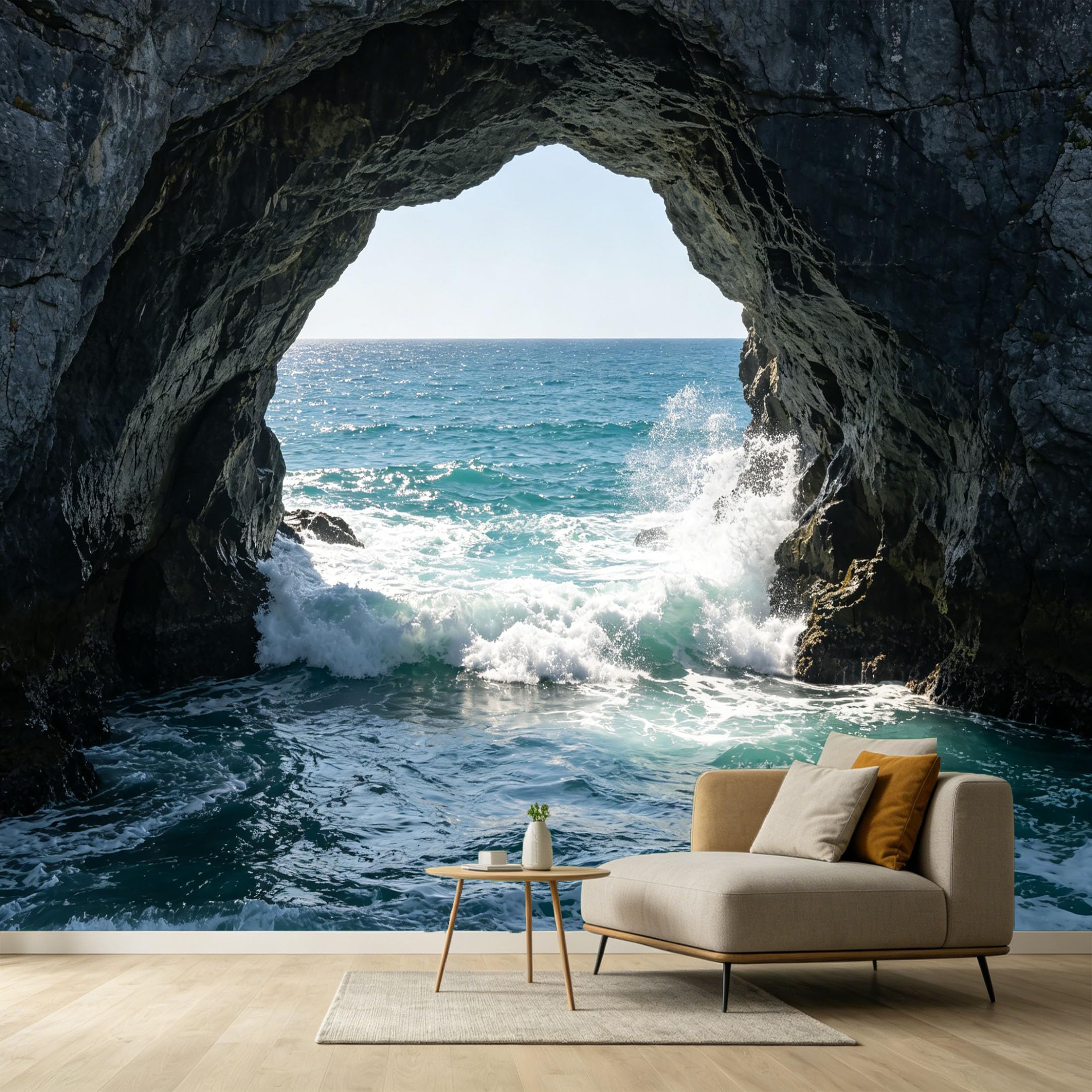 Custom Size Wall Murals Coastal Ocean Marine 3D Trompe L'Oeil Rock Cave Sea Waves SelfAdhesive Wall Fabric Removable Large Wallpaper for Photo Living Room