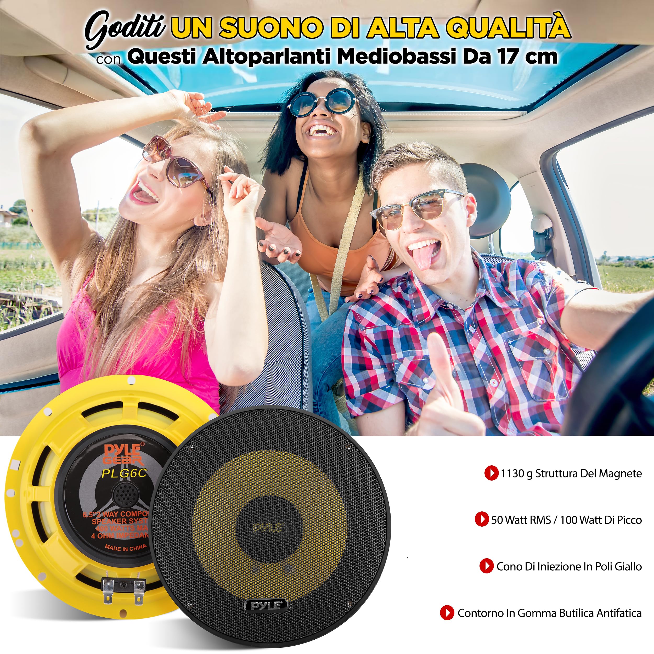 Pyle Sistema di Altoparlanti Personalizzati 2 Vie, 16,5 Centimetri, Casse Auto 400 Watt, Stereo Struttura in Plastica Elettroplaccatura, Gomma Butilica e Magneto da 1,13 Chilogrammi
