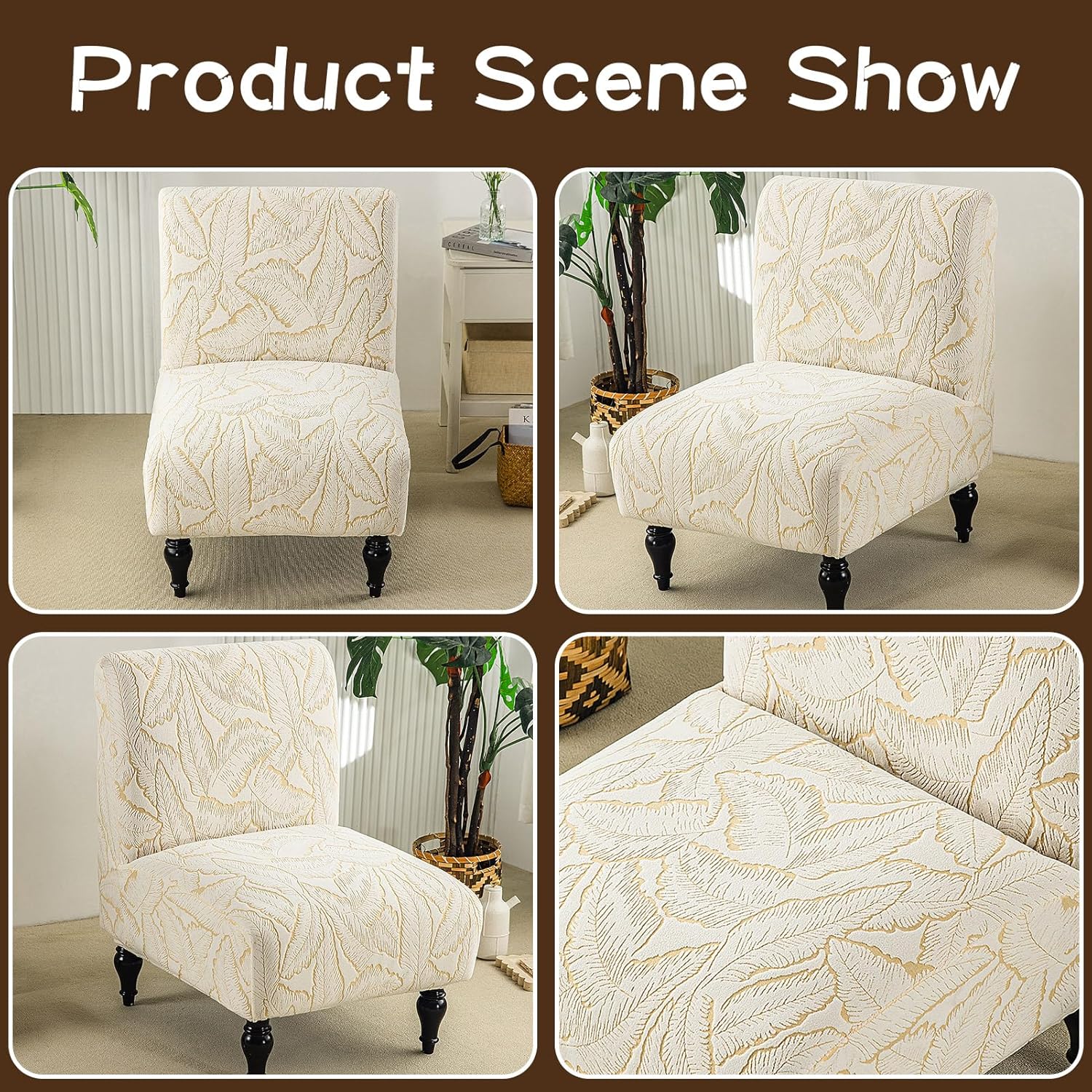 Armless Chair Cover Jacquard Accent Chair Slipcover Chenille Printed Furniture Protector Office Reception Reading Sofa Covers for Living Room Bedroom Beige
