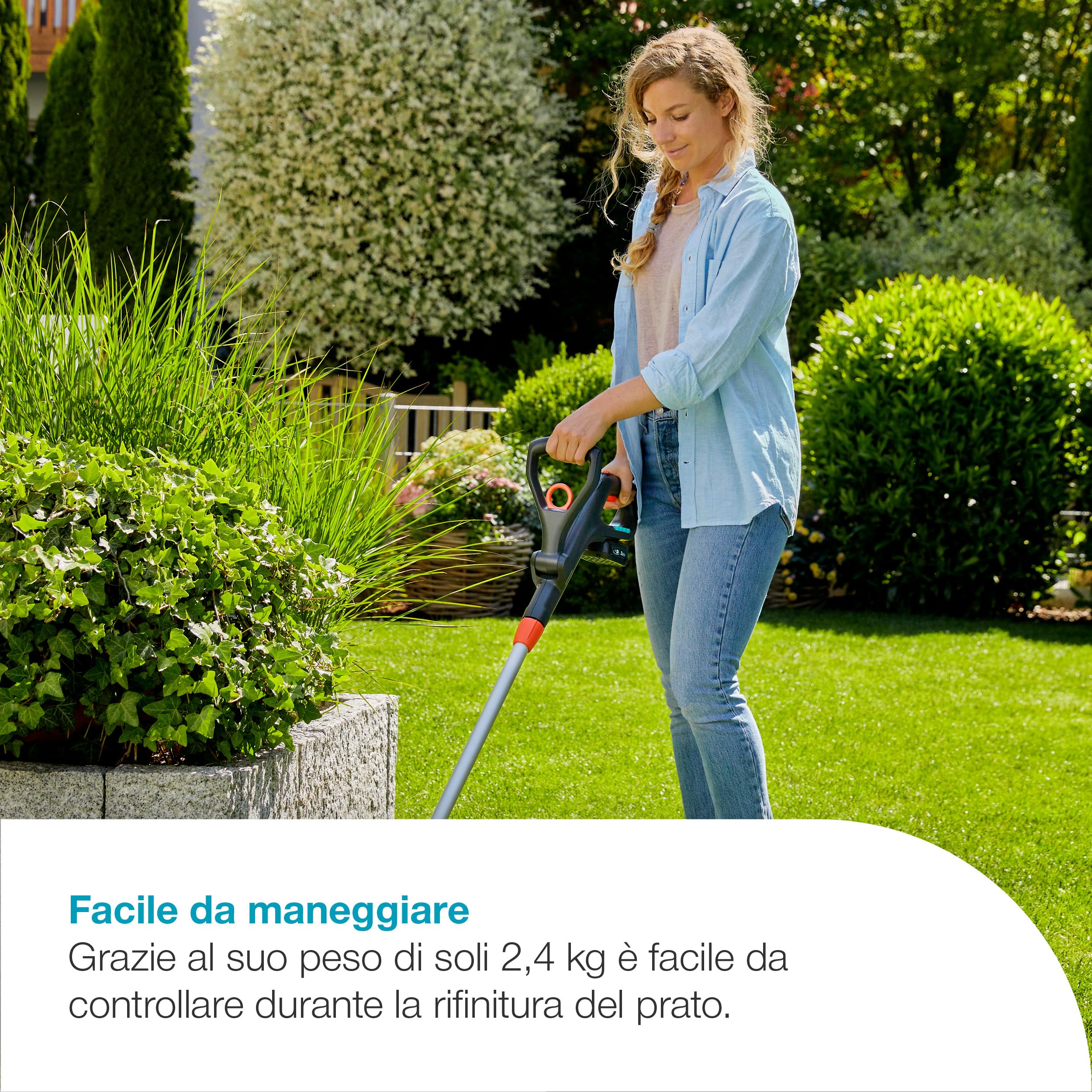 Gardena Trimmer A Batteria EasyCut 23/18V P4A Set Pronto All’Uso: Potente, Leggero, Telescopico, Testa inclinabile, Senza fili (14700-20)