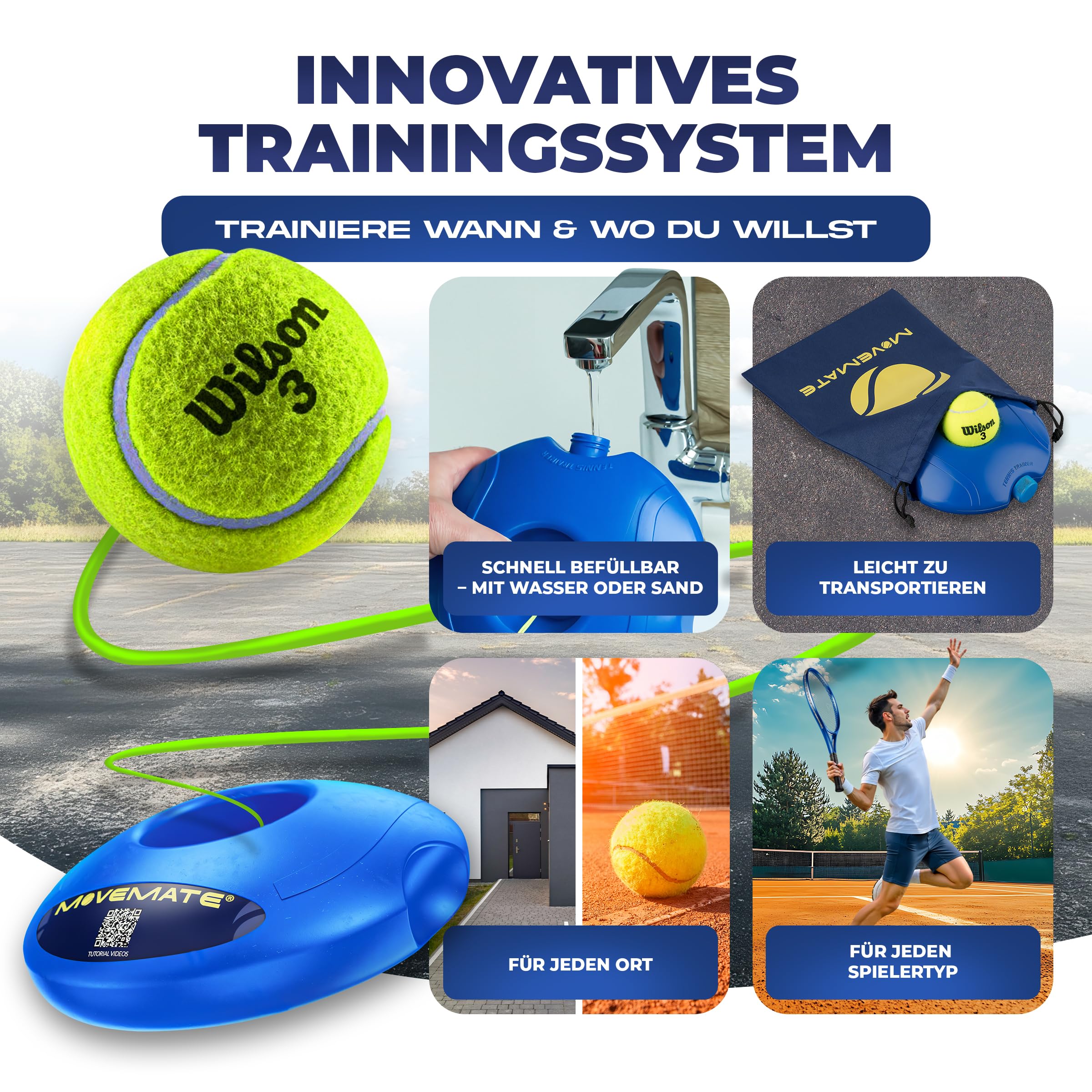 MOVEMATE Tennis-Trainer Set mit Wilson® Tennisball | innovatives Ballspiel für Draußen, im Garten, im Park für Kinder & Erwachsene | inkl. Transporttasche & Übungsvideos