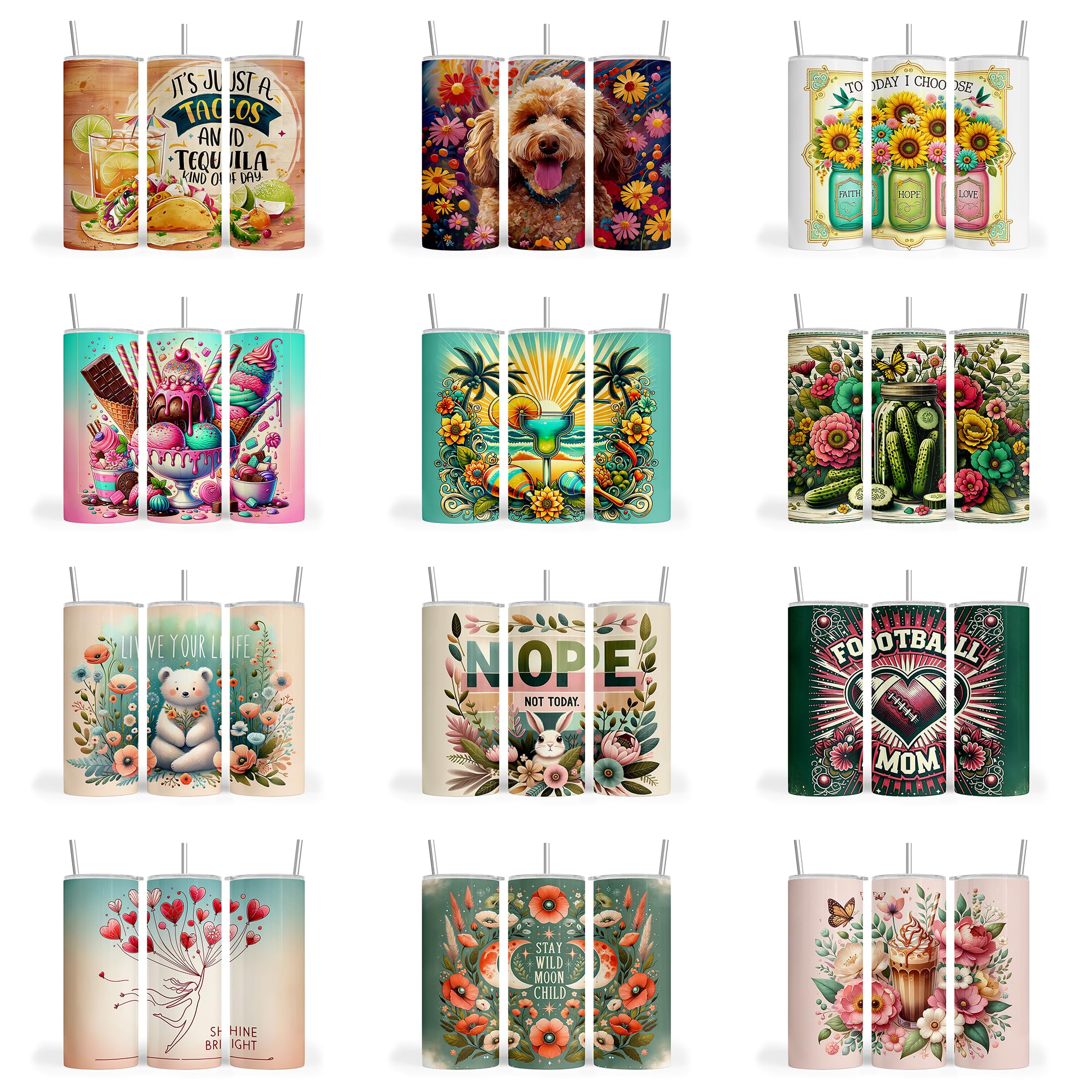 50 pc. Bundle Variety Pack, Tumbler Sublimation Wrap, Tumbler Transfer, Ready to Press Sublimation Transfer - 20 oz Straight Tumbler, Skinny Tumbler -RPT 500 (Variety 9 - RTP 309)