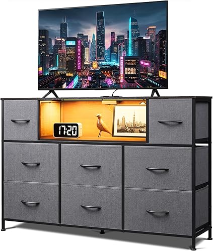 Miniatura 20 de Soporte de TV negro para TV de 45, 50, 55 pulgadas, mesa consola multimedia de TV con luces LED y estación de carga, centro de entretenimiento con 9