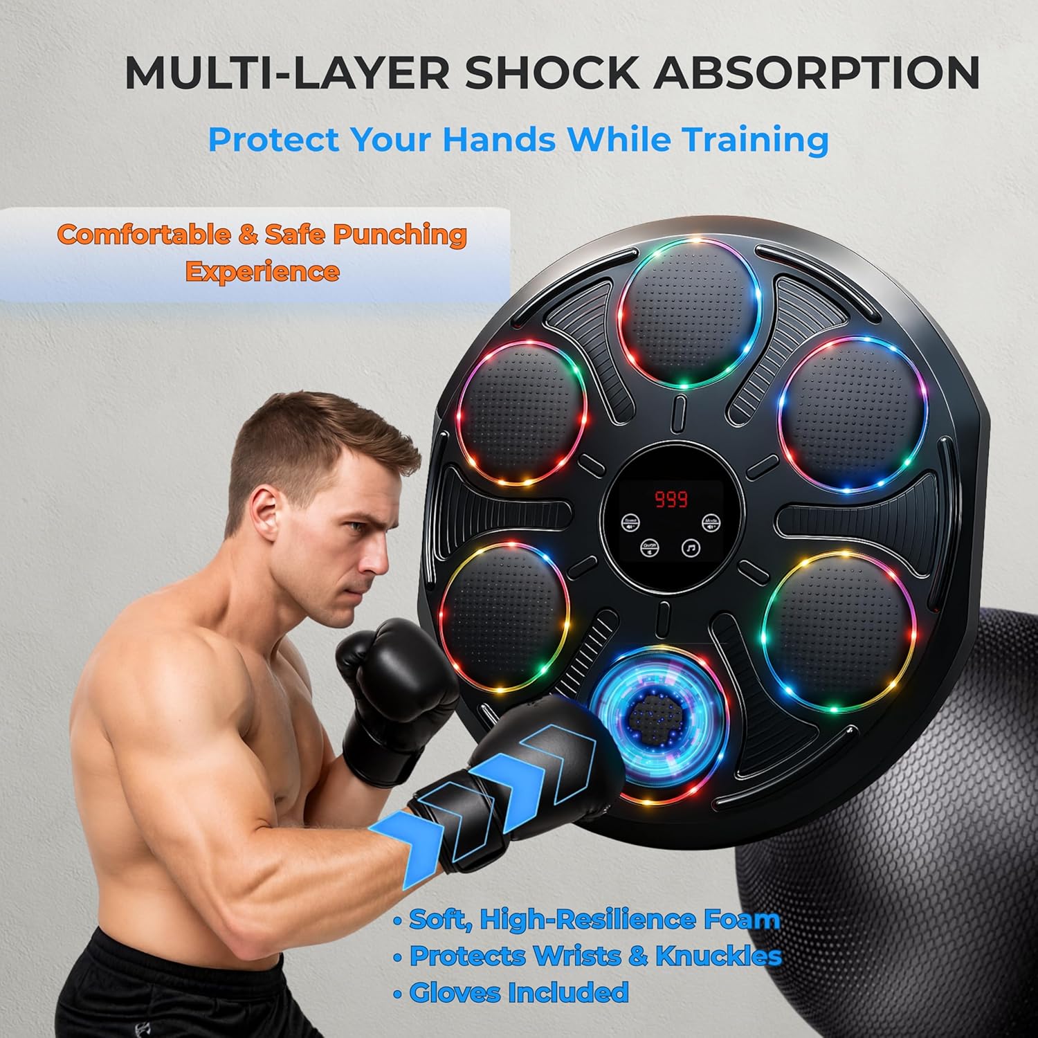 Burwayo Smart Music Boxing Machine for Adults | Wall-Mounted Bluetooth Punching Pad with Lights, 12 Modes & Speeds, Adjustable Height, Gloves Included – Home Fitness for Adults & Teens