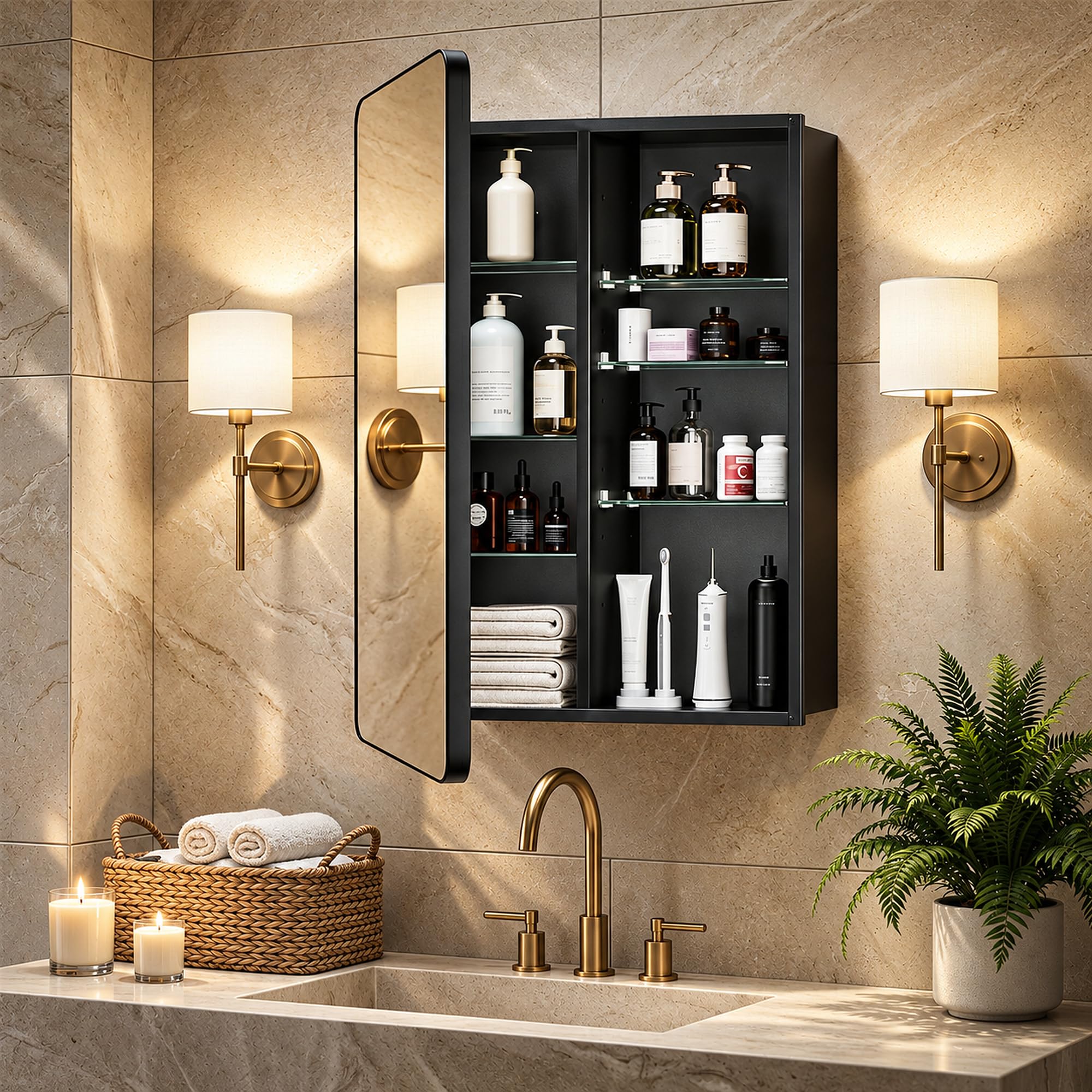 Large Bathroom Medicine Cabinet with Mirror 24x32, Aluminum Recessed or Surface Mount, Pre-Assembled, Adjustable Shelves, Center Divider for Tall Bottles, DTC Soft Close, Matte Black