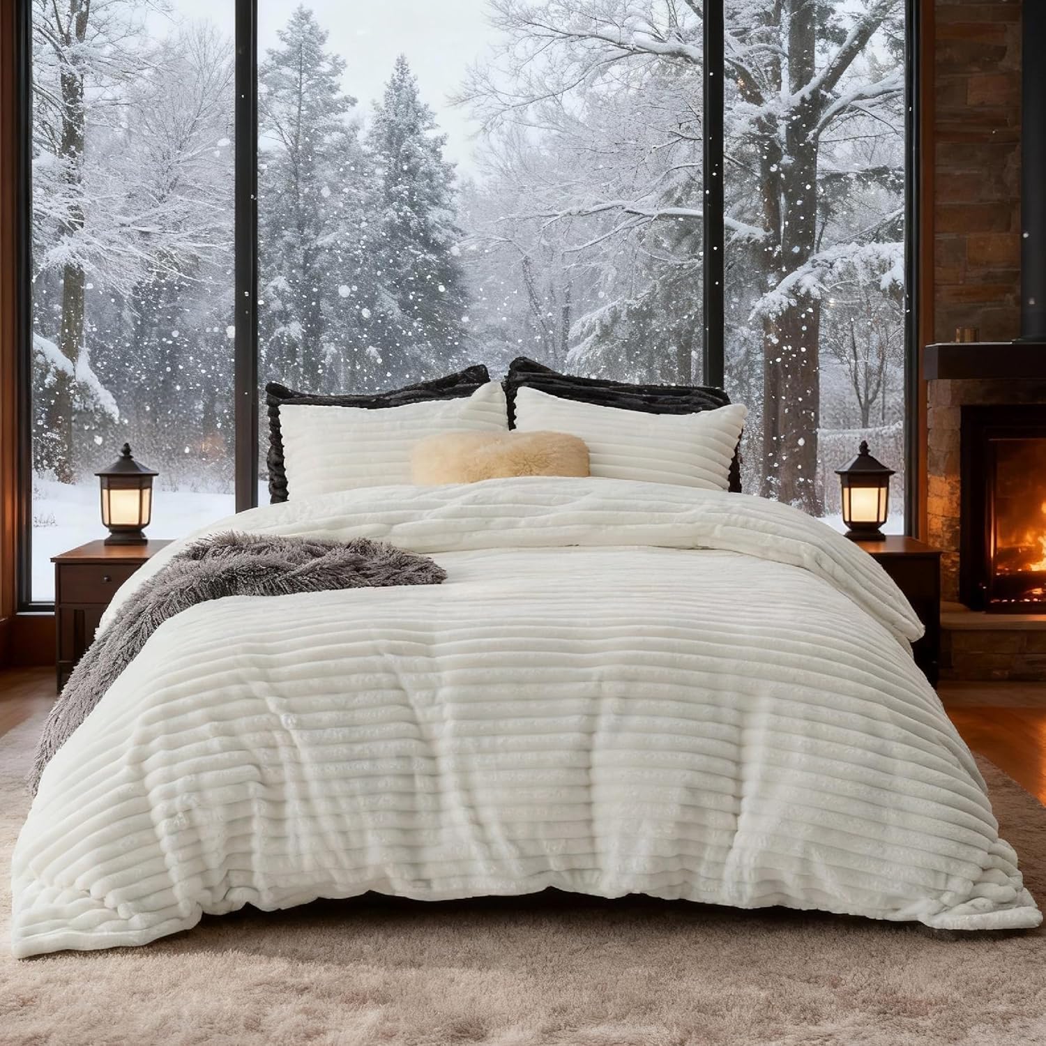 bedsure fluffy duvet cover set - ultra soft plush shaggy comforter cover king size, warm flannel fleece bed sets for winter, 3 pieces (striped pattern, coconut white) 01 - coconut white (no comforter) king (104" x 90")