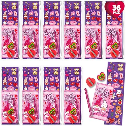 ArtCreativity Juego de papelería para el día de San Valentín, paquete de 36, cada juego con hoja de calcomanías, tarjeta de felicitación, lápiz,