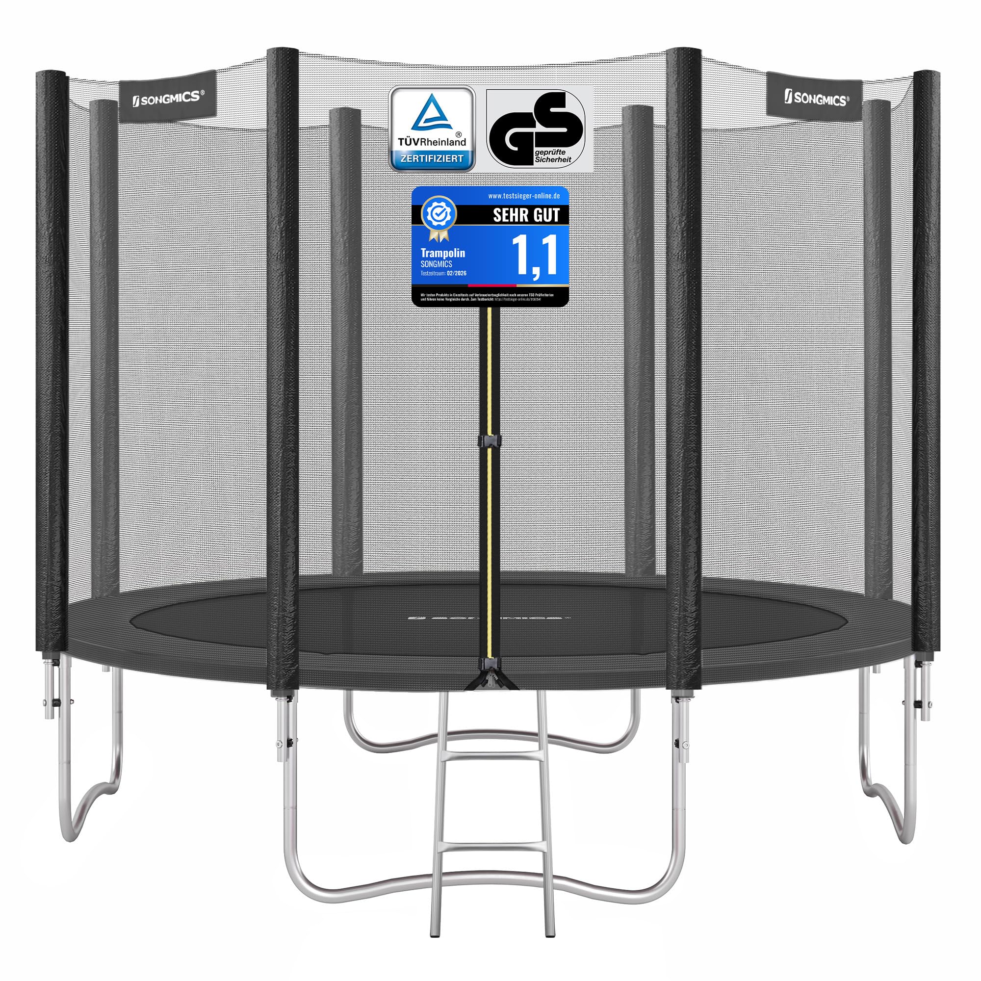 SONGMICS Trampolin 305 cm, Gartentrampolin für Kinder mit Sicherheitsnetz, Randabdeckung, Leiter, 180 cm hohe gerade Stangen, Stahlrahmen, schwarz STR101BZ01