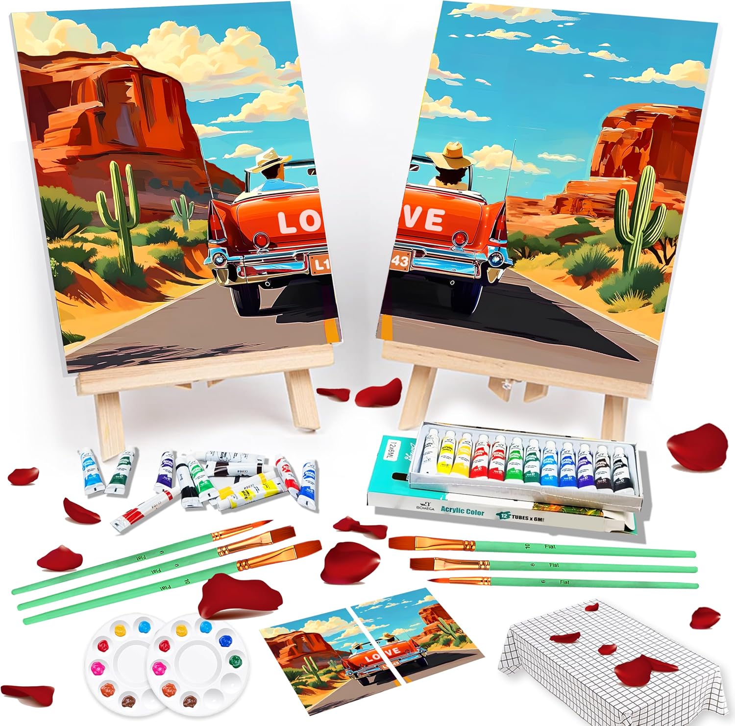 QUANWAISJ 2 Sets 10x12 Sip and Paint Kit for Adults,Couples Painting Kit Date Night,with Pre-Drawn Canvas (Easels Included), Perfect for Date Night Painting and Sip Parties (Road Trip)