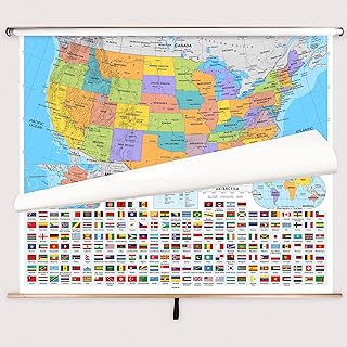 BrightWay Educational US & World Intermediate Classroom Pull Down Map Set | 63" Wide Educational Wall Maps | Bright Colors | Large Fonts | Grades 6+ | Political Map with Flags & Physical Features