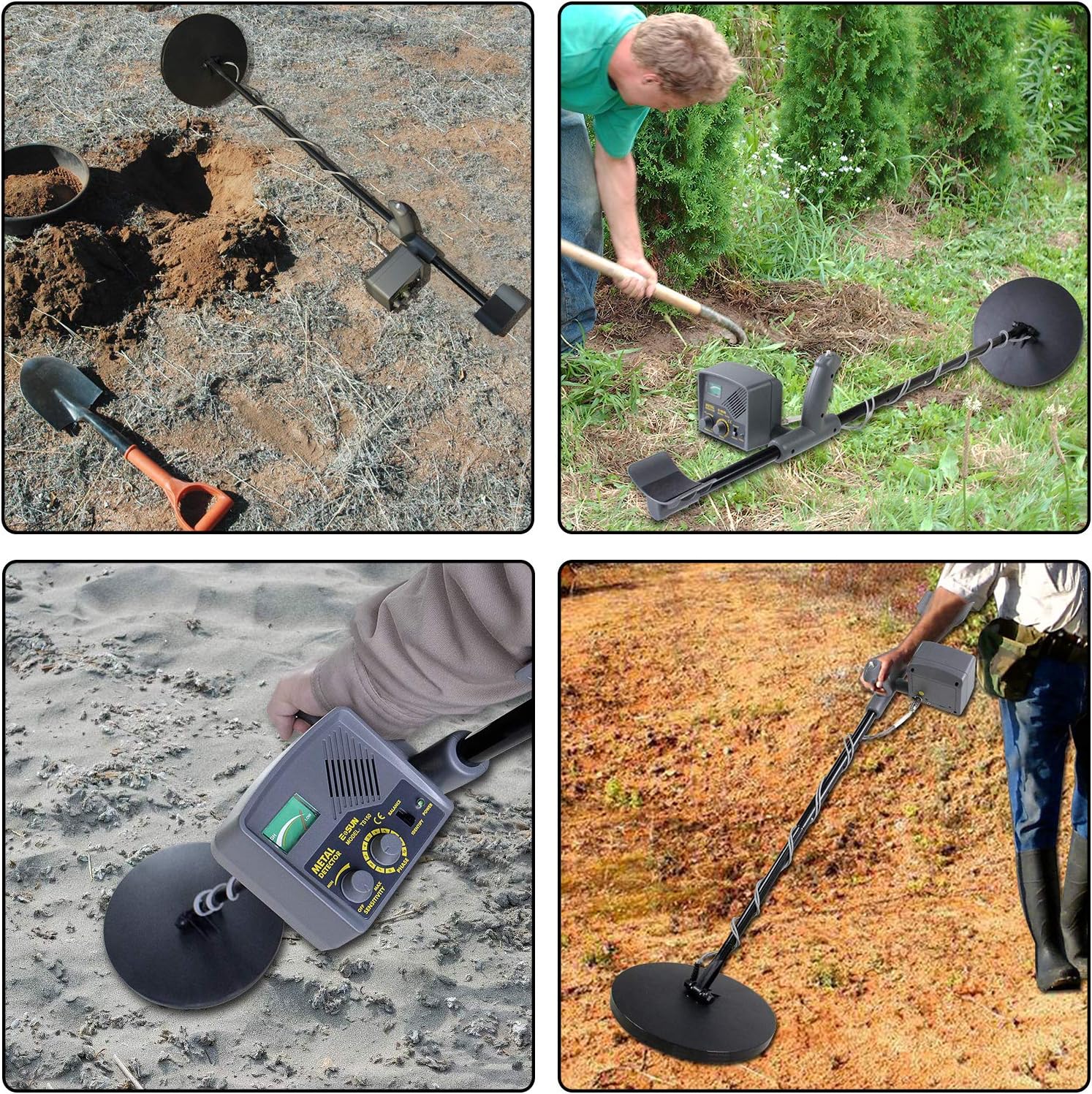 Person using ALLOSUN TS150 Metal Detector in various outdoor settings