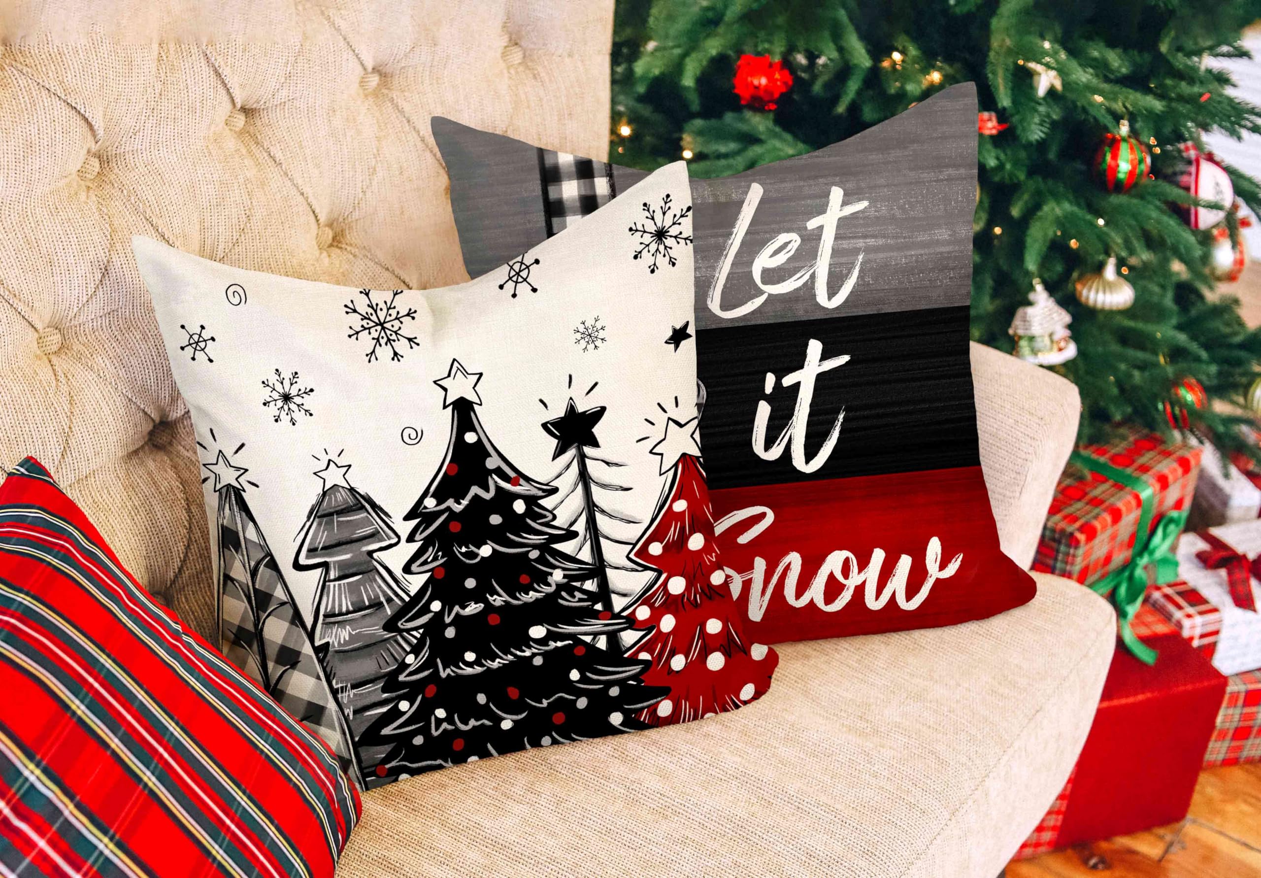 4TH Emotion Christmas Throw Pillow Covers 18 x 18 Inch Set of 4, Xmas Tree Winter Farmhouse Holiday Merry Bright Cushion Case for Home Couch Decoration S23C23 2