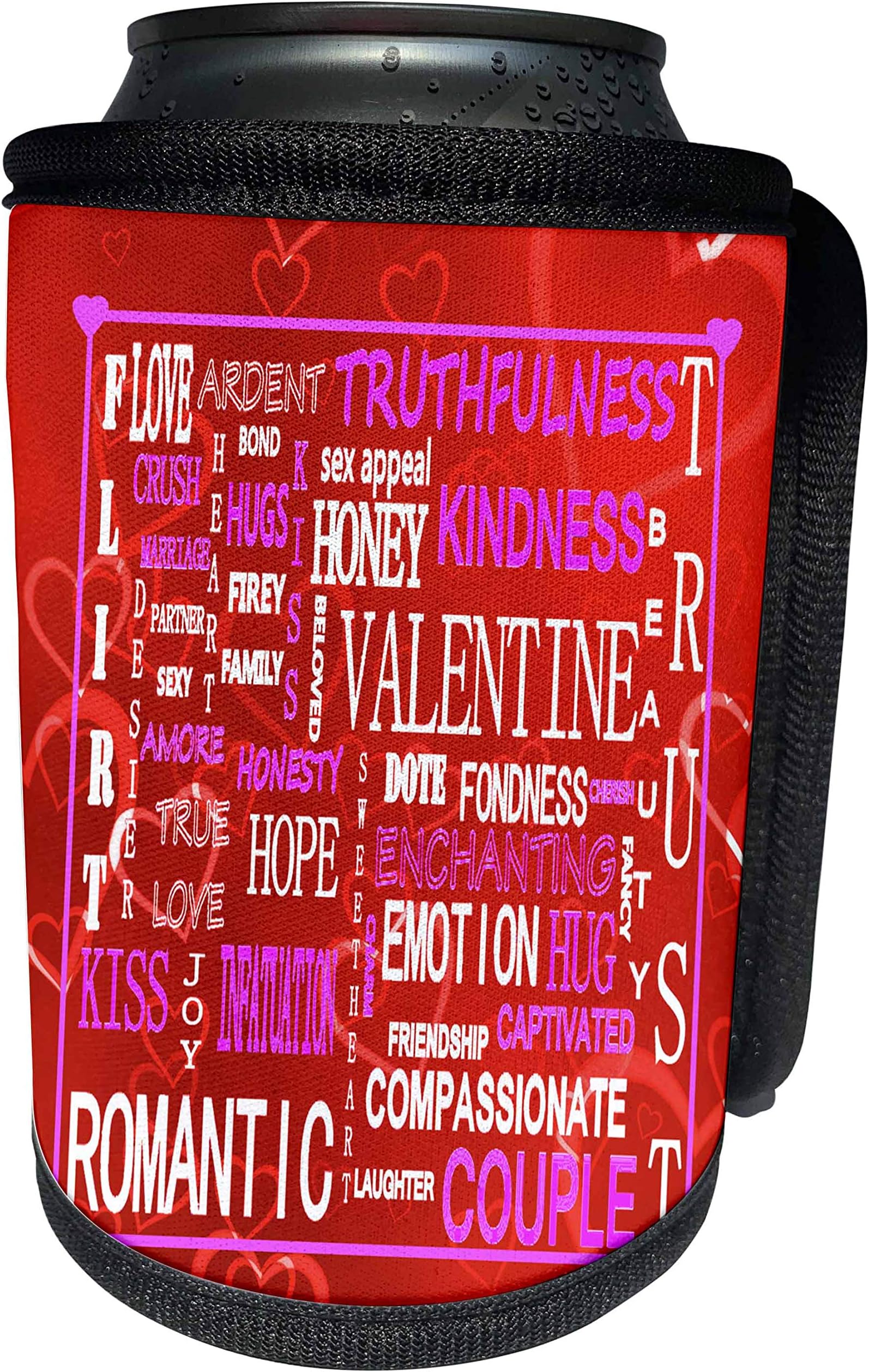 3dRose Beverly Turner Valentine Design - Valentine Words on Red Hearts - Can Cooler Bottle Wrap (cc_236900_1)