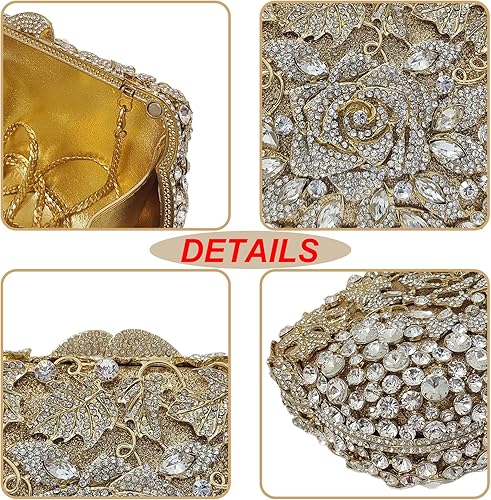 Miniatura 3 de Elegante bolso de mano de cristal con flores de rosa para mujer, formal, boda, novia, fiesta, floral, con diamantes de imitación