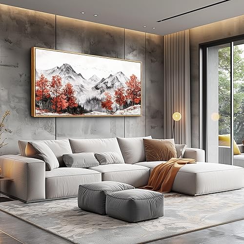 Miniatura 3 de PHAOHUAXM Lienzo decorativo de pared para sala de estar, decoración de pared grande para dormitorio, árbol rojo, tinta, paisaje de montaña, pintura