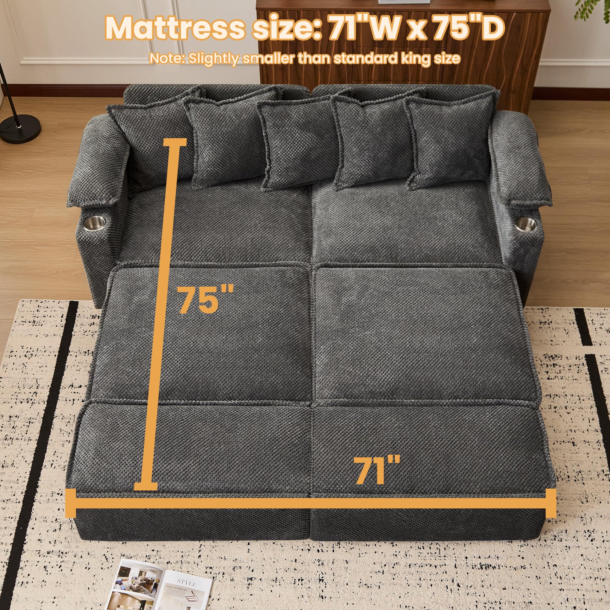 SUNWAVE 83' King Size Pull Out Sofa Bed, 4-in-1 Sleeper Sofa Bed Couch，Dark Gray — product photo