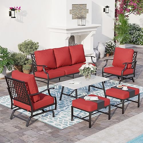 SUNSHINE VALLEY 6 Piece Metal Outdoor Patio Furniture Set, Patio Conversation Set 1 3-seater Sofa, 2 Rocking Chair, 2 Ottomans with 5.75" Thick Cushion and Coffee Table, Black Backyard Furniture, Red
