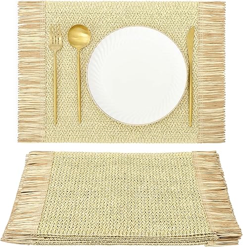 Miniatura 1 de SHACOS 4 manteles individuales trenzados de papel con borlas, bohemios, naturales, rústicos, de paja para cena, boda, fiesta, playa, granja,