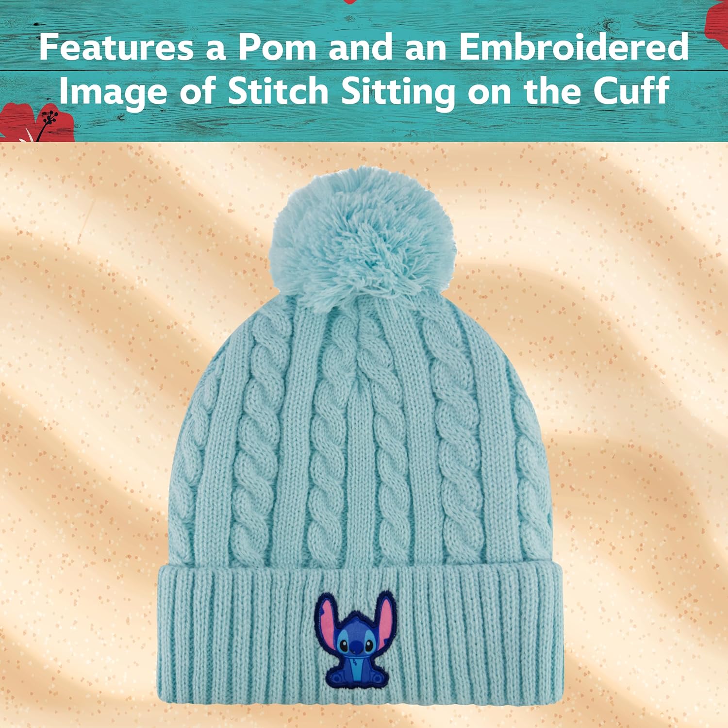 Disney Stitch Beanie Hat and Gloves Set, Girls Cuffed Winter Cable Knit Cap with Pom and Matching Mittens, Mint, One Size - Image 3