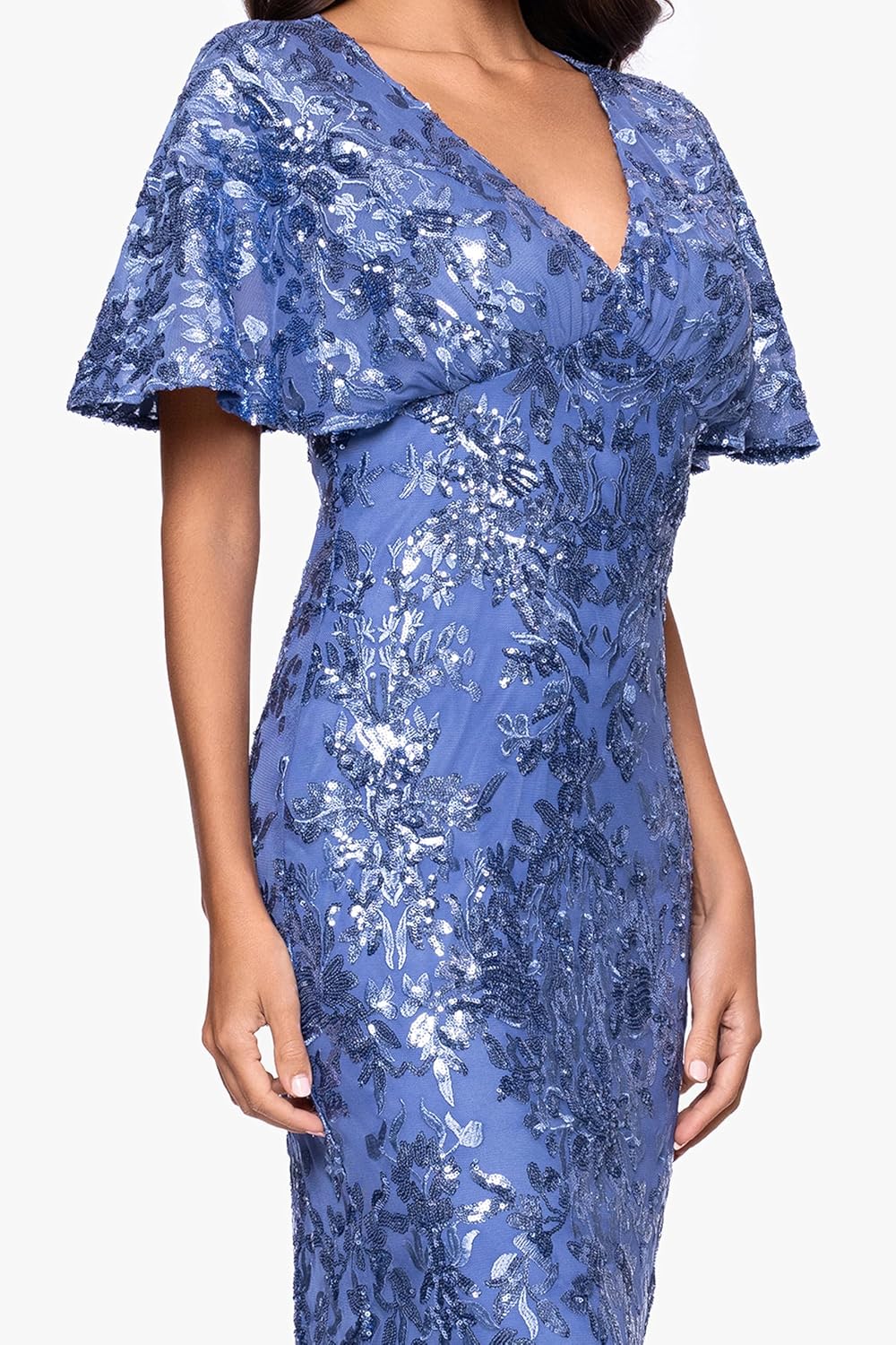 Betsy & Adam Women's Sequin Mesh V Neck Flutter Sleeve Floor Length Dress (Petite)