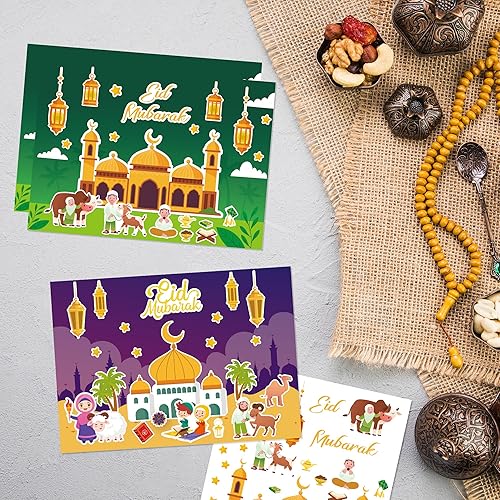Miniatura 6 de Kit de manualidades de Eid Mubarak de 48 piezas, calcomanías de escena de mezquita para niños, haz tu propia calcomanía de escena de Ramadán Kareem,