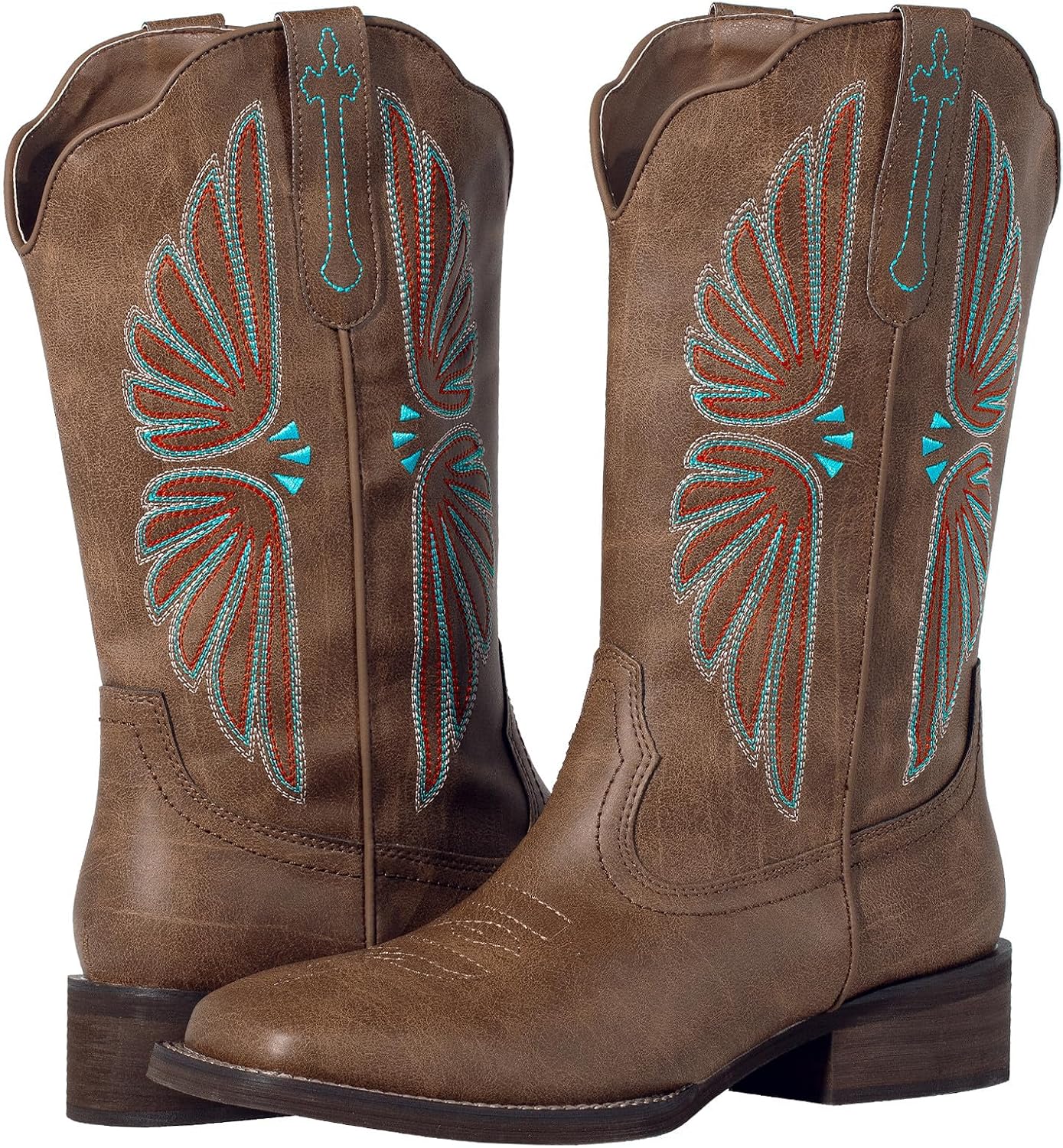 SheSole Women's Wide Square Toe Cowgirl Cowboy Boots Mid Calf Fashion Western Boots