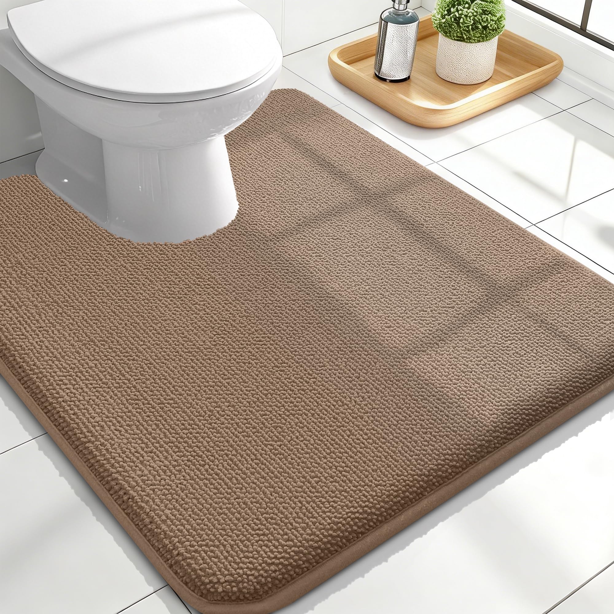 OLANLY Memory Foam Bathroom Toilet Rug U-Shaped 24x20, Absorbent Mat, Mocha