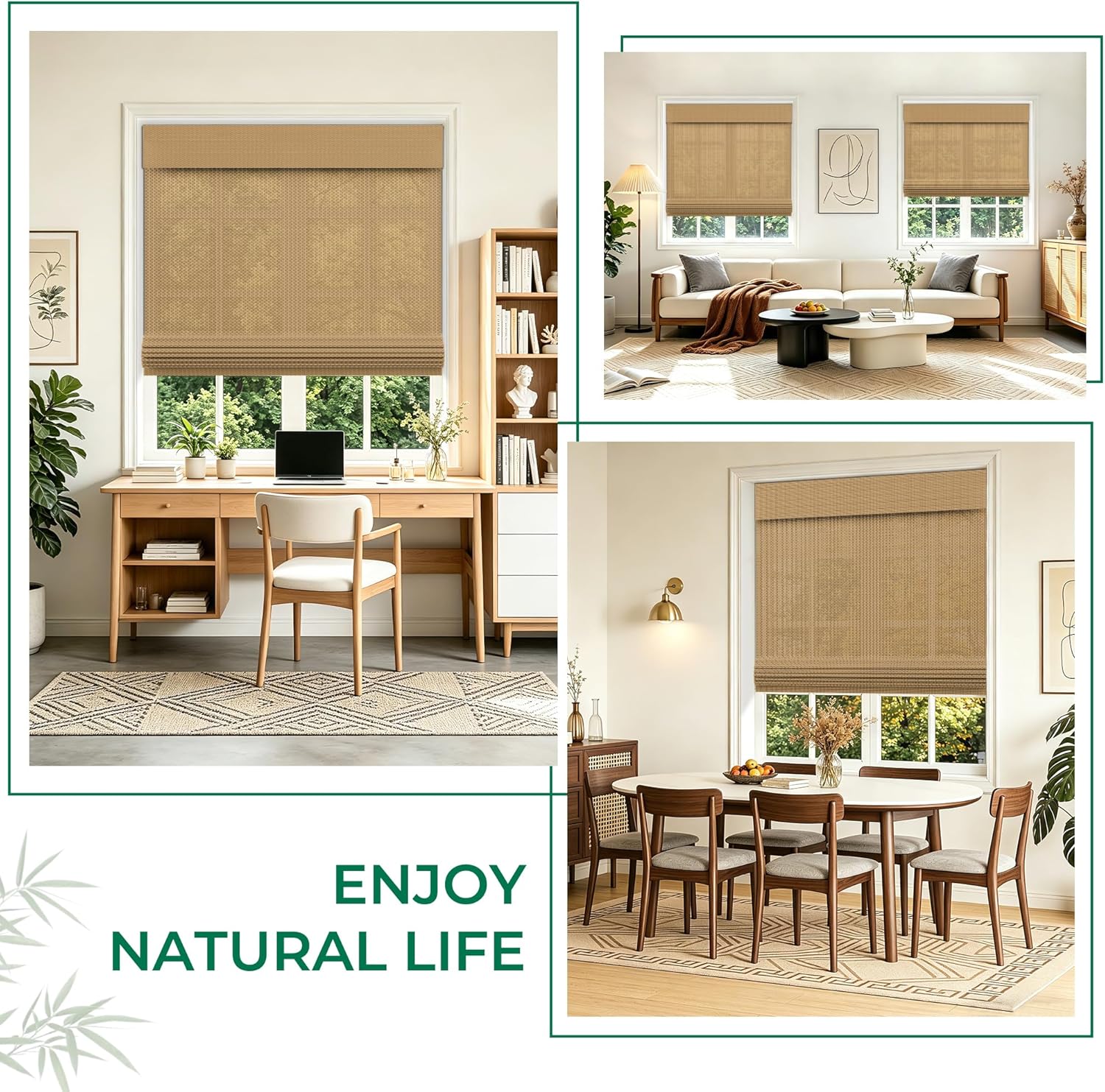 Allesin zen No Drill Cordless Bamboo Roman Shade, Light Filtering Brown Woven Window Blinds, Eco-Friendly Roll Up Shade for Living Room Kitchen, 34" W x 48" H, Brown