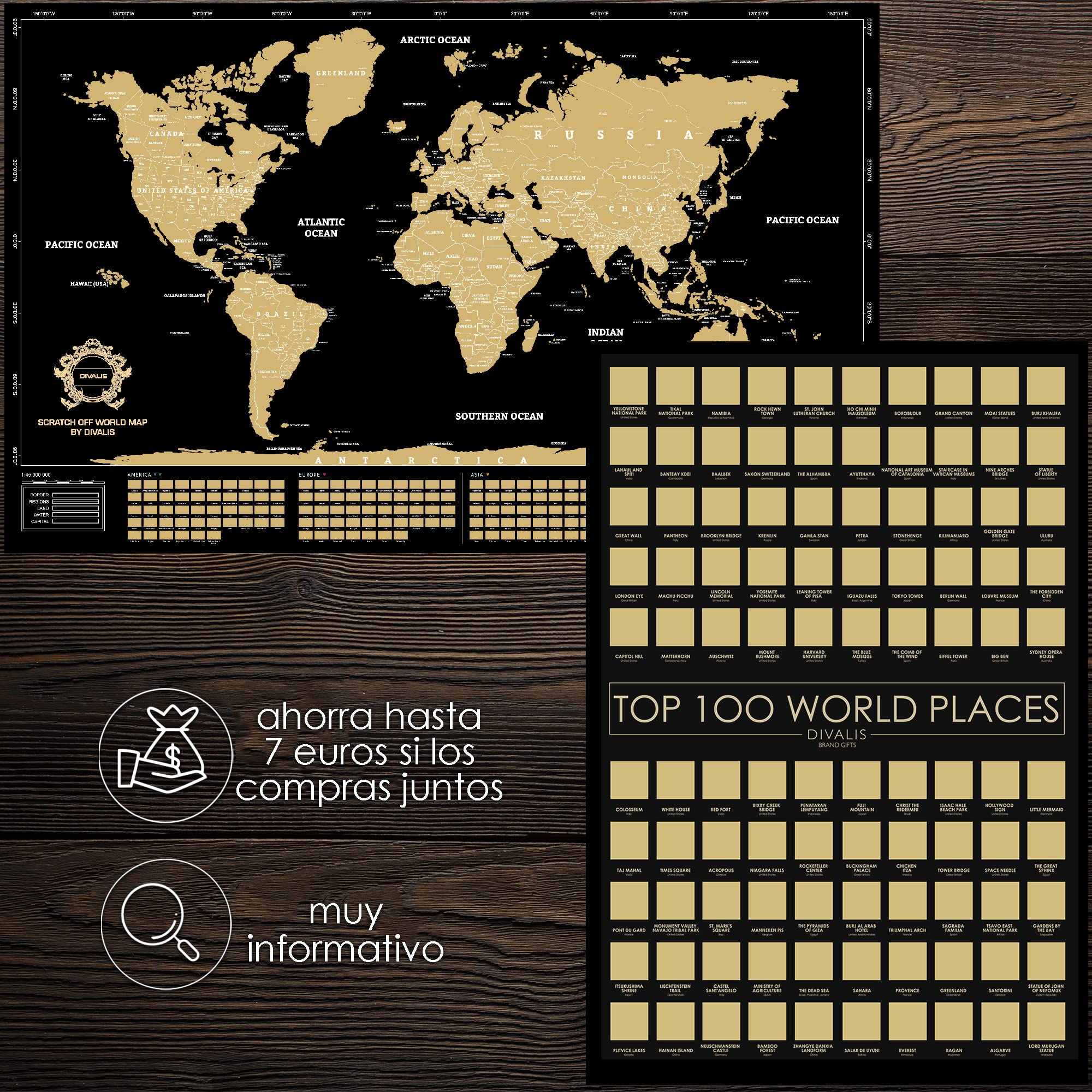 Grande Set de Regalo 2 en 1 - Póster Rascable de los 100 Mejores Lugares Para Visitar y Mapa Mundial Para Rascar - Mejor Mapa de los Lugares Donde he Estado