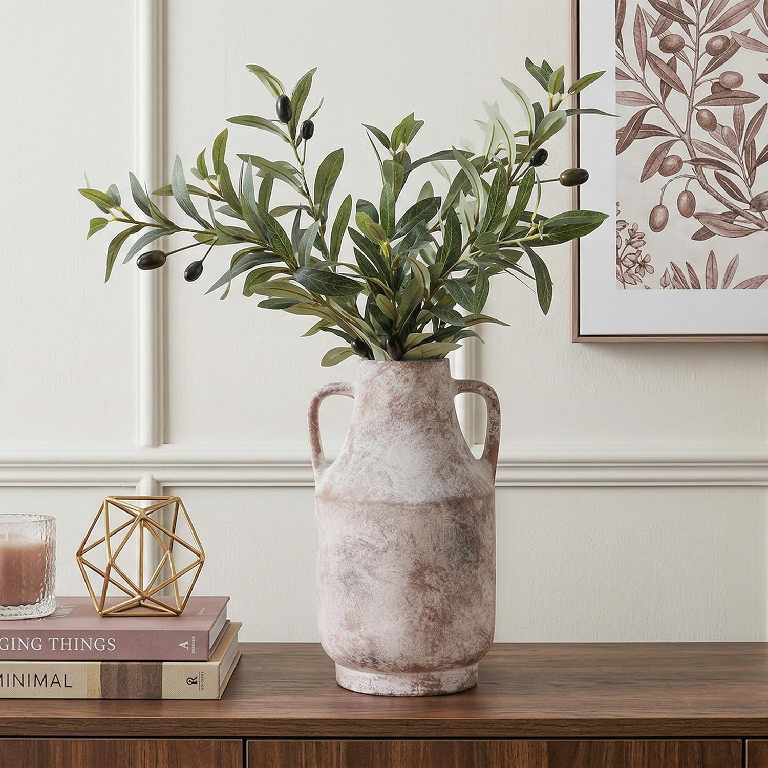 Ceramic Flower Vase with Handles, 11 in Tall Rustic Farmhouse Pottery Vases Decorative Large Vases for Living Room Entryway Kitchen Table Centerpieces Home Decor,Neutral