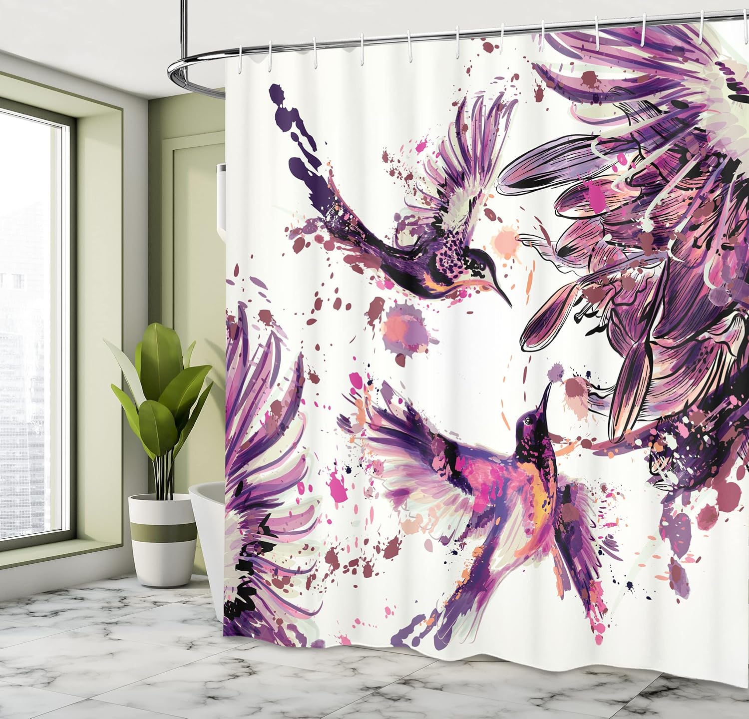 Ambesonne Hummingbird Shower Curtain, Art Lily Flowers Birds and Color Splashes in Watercolor Painting Style, Cloth Fabric Bathroom Decor Set with Hooks, 69" W x 70" L, Pale Fuchsia