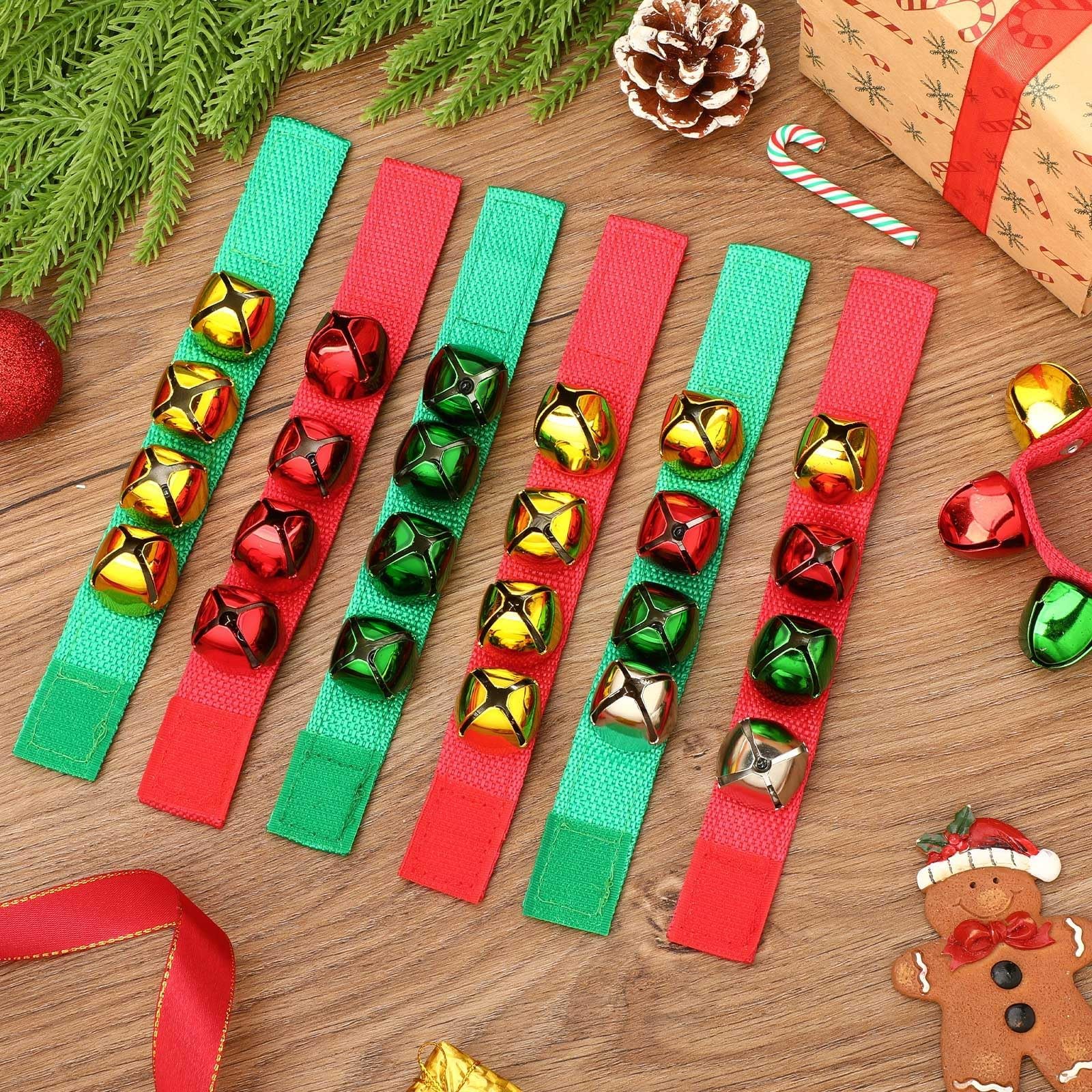 Augshy 2 Packs Wrist Bells, Wrist Bells Bracelets Jingle Bells Adjustable Hand Ankle Bells Musical Instruments for Christmas Party Favors,: Red Gold