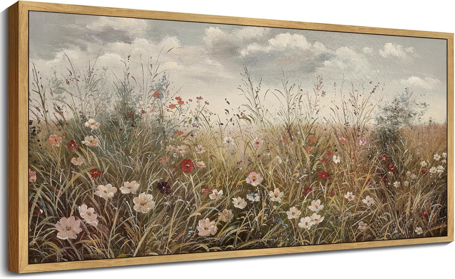 KUVIOKE Vintage Landscape Framed Wall Art 20x40in Large Meadow Wildflower Field Wall Prints Classic Retro Farmhouse Rustic Decorations for Living Room Bedroom (Natural Framed)