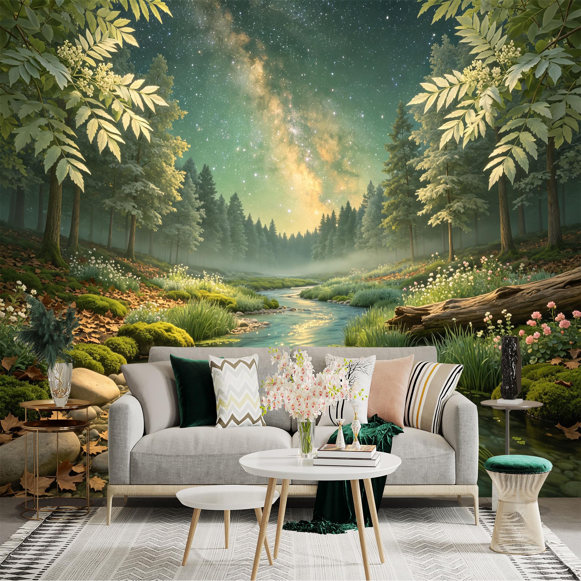 Lnzczhyre Bh260719552 Custom Size Wall Sticker Mural， Enchanted Forest Stream， Glowing Milky Way Galaxy， Serene Nature Landscape， For Wall Decoration， Peelandstick Wall Decals.