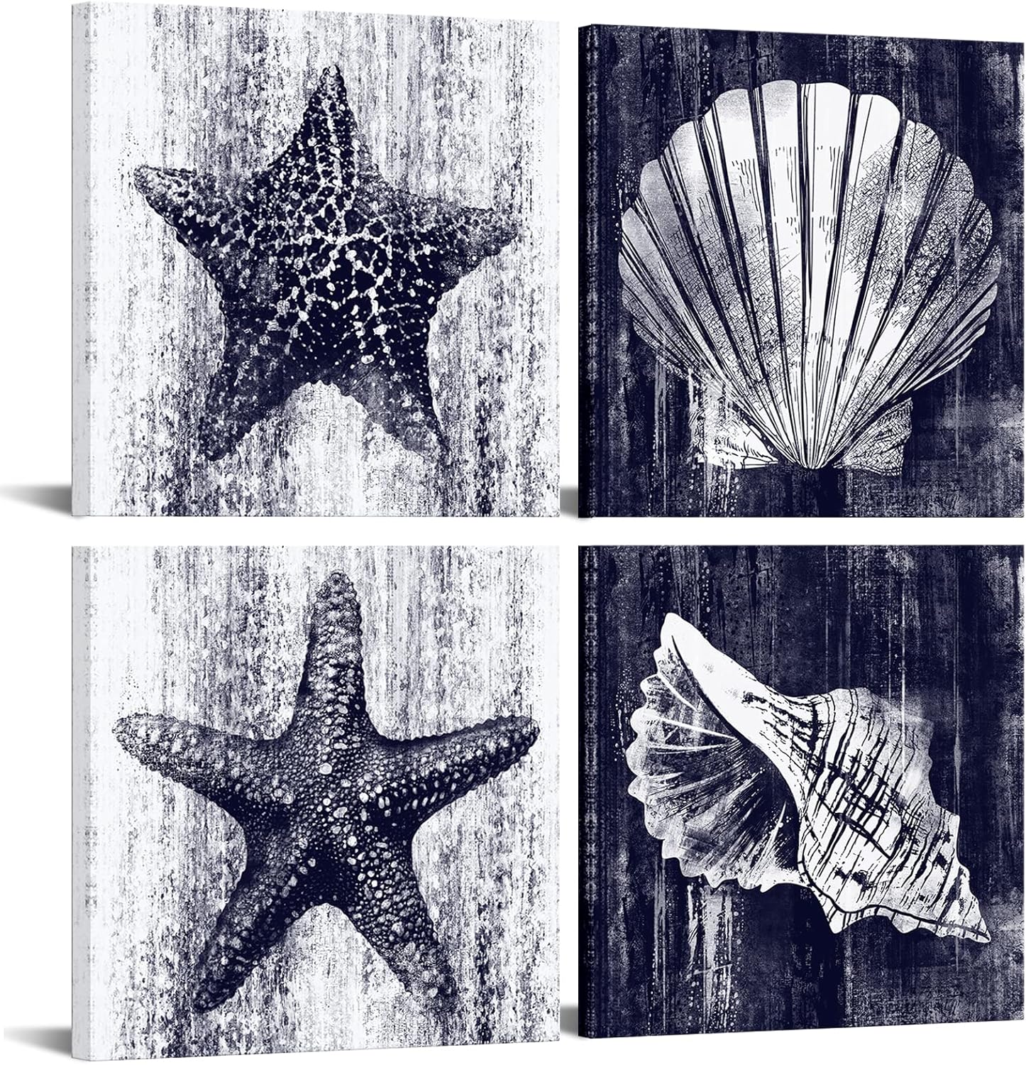 HOMEOART Seashell Starfish Art Prints Ocean Beach Bathroom Wall Decor Coastal Decor Stretched and Framed Ready to Hang Navy Blue 12"x12"x4 Pieces