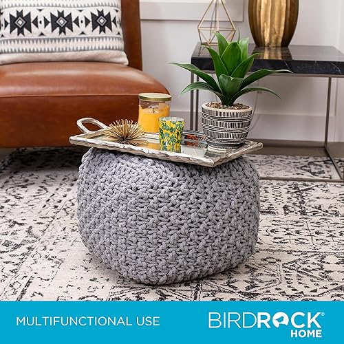 Miniatura 90 de BIRDROCK HOME Puf otomano cuadrado | Taburete de algodón trenzado con relleno de puf | Reposapiés bohemio para sala de estar, dormitorio, asiento