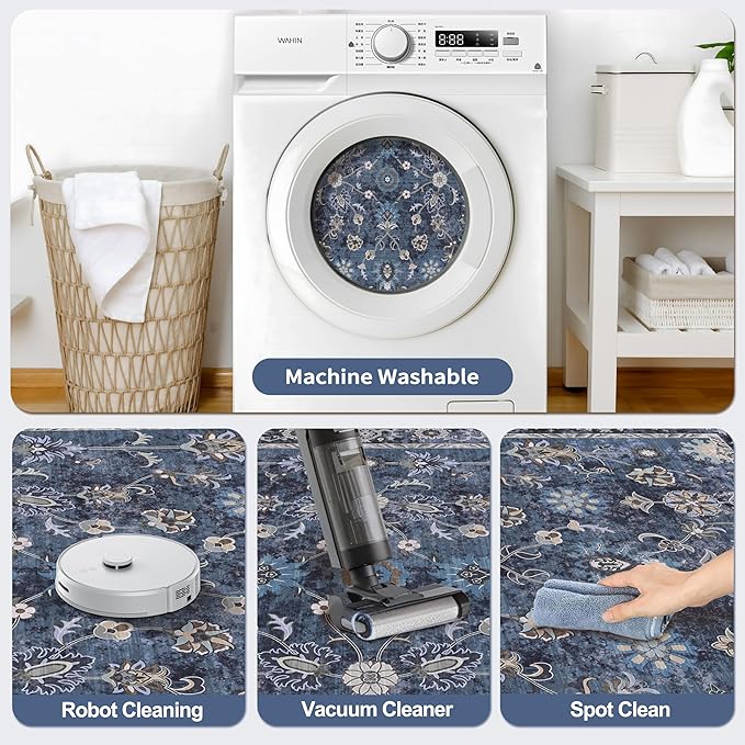 Alfombra Lavable Antideslizante Tangsoo 2x5 Azul Flores Vintage Boho miniatura 4