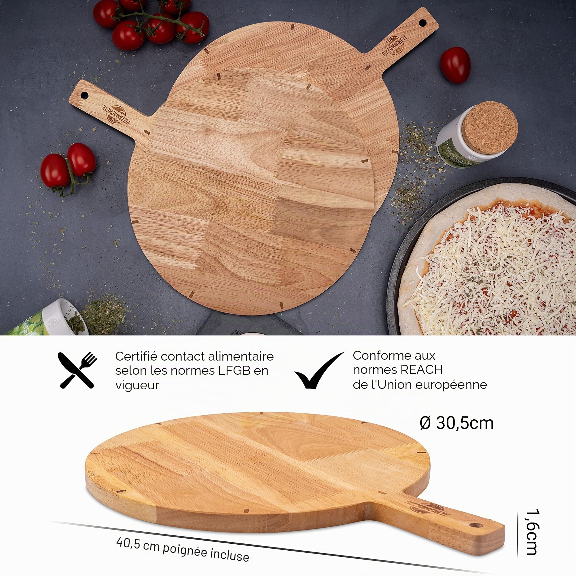 PIZZAMACHETE Lot de 2 Assiettes à Pizza en Bois d'Hévéa, Planche à Découper Ronde pour Pizza, Foccacia ou Pain, Accessoires de Cuisine, 30,5 cm