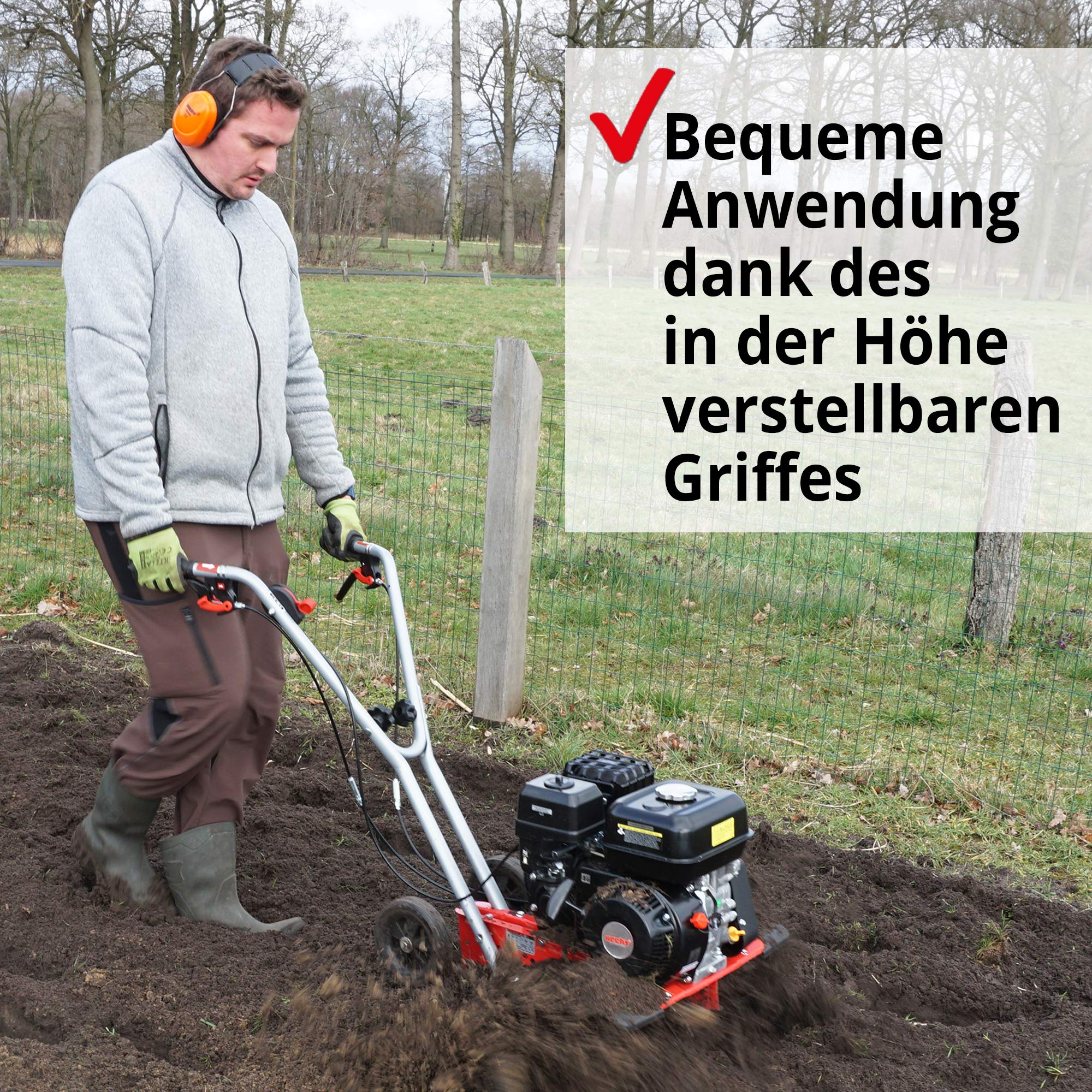 HECHT Benzin Motorhacke 6,5 PS 4,5 kW 32-84 cm Arbeitsbreite | 4-Takt-Motor, 24 robuste Messer, bis 32 cm tief, Garten umgraben und Boden auflockern, Gartenfräse und Bodenfräse