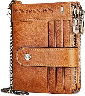 Mens Wallet with Chain Men's Genuine Leather Wallet RFID Blocking Bifold Wallet with Credit Card Holder and Zipper Coin Pocket Purse, Brown