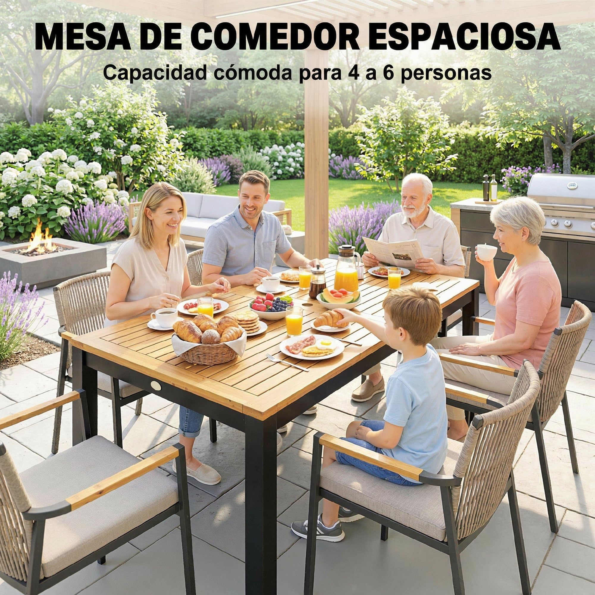 Outsunny Mesa de Comedor de Jardín de Madera de Acacia, Mesa de Terraza Exterior Rectangular 150x75x75 cm con Tablero de Listones, Orificio Sombrilla para 6 Personas, Carga 80 kg, para Patio, Natural