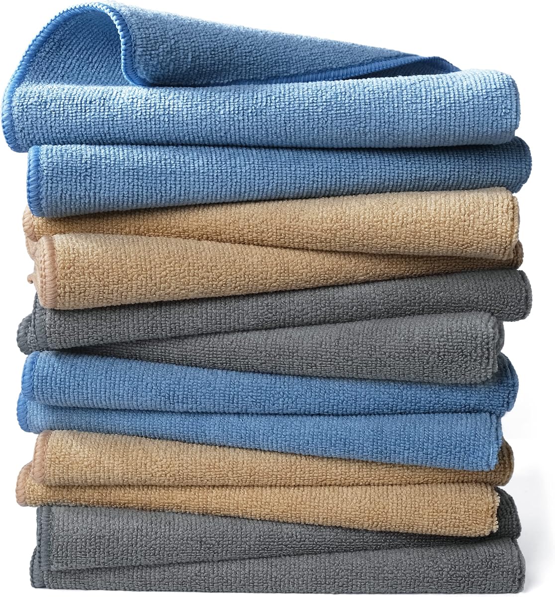 POLYTE Microfiber Cleaning Towel (16x16, 12 Pack Professional, Blue,Camel,Gray) | Lint Free, Quick Dry