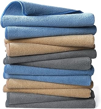 POLYTE Microfiber Cleaning Towel 16x16, 12 Pack Professional, Blue,Camel,Gray