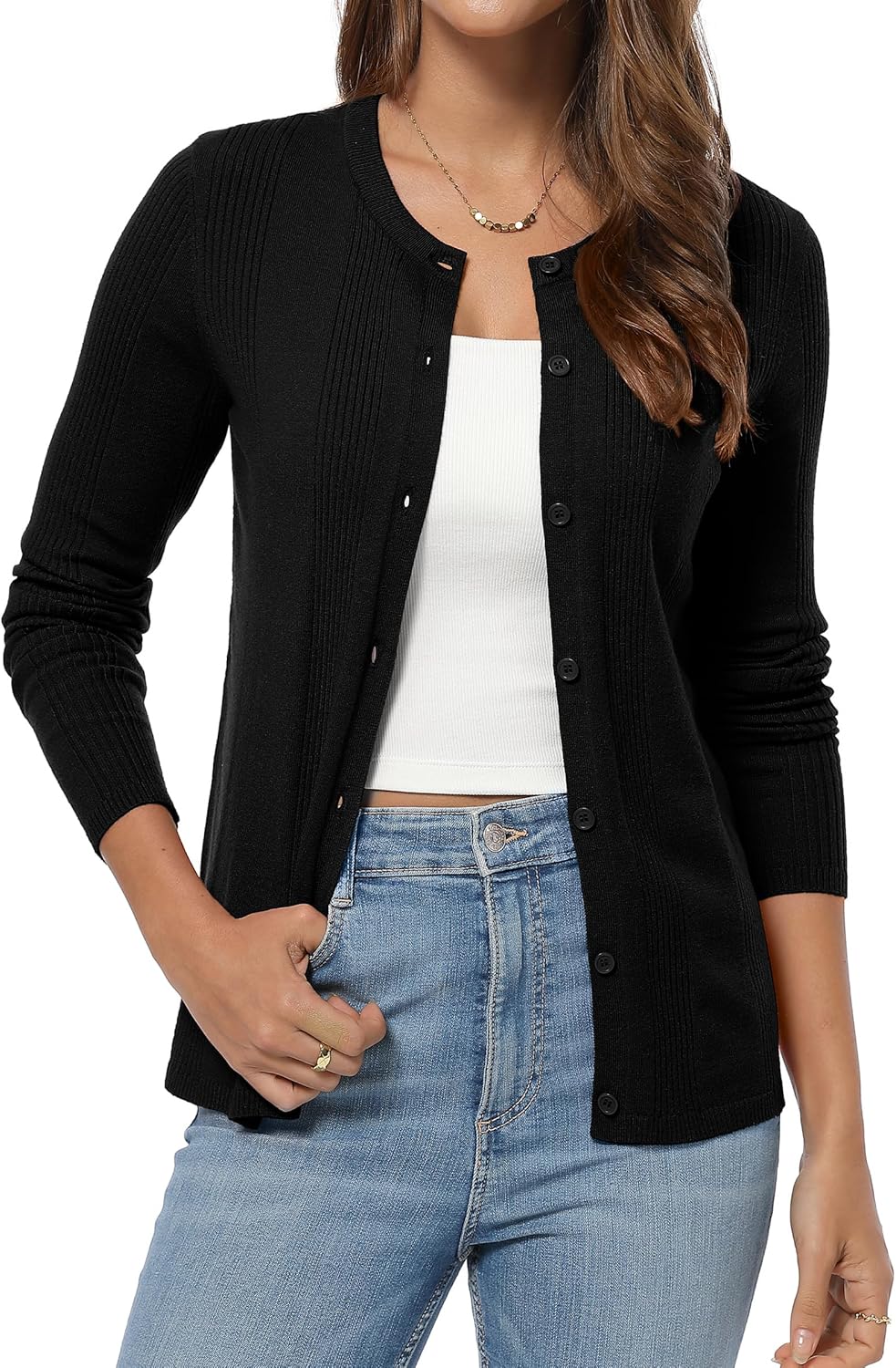 QUALFORT Women’s Lightweight Ribbed Knit Cardigan Sweater Crew Neck Button Down Long Sleeve Soft Stretchy Cardigan - Image 2