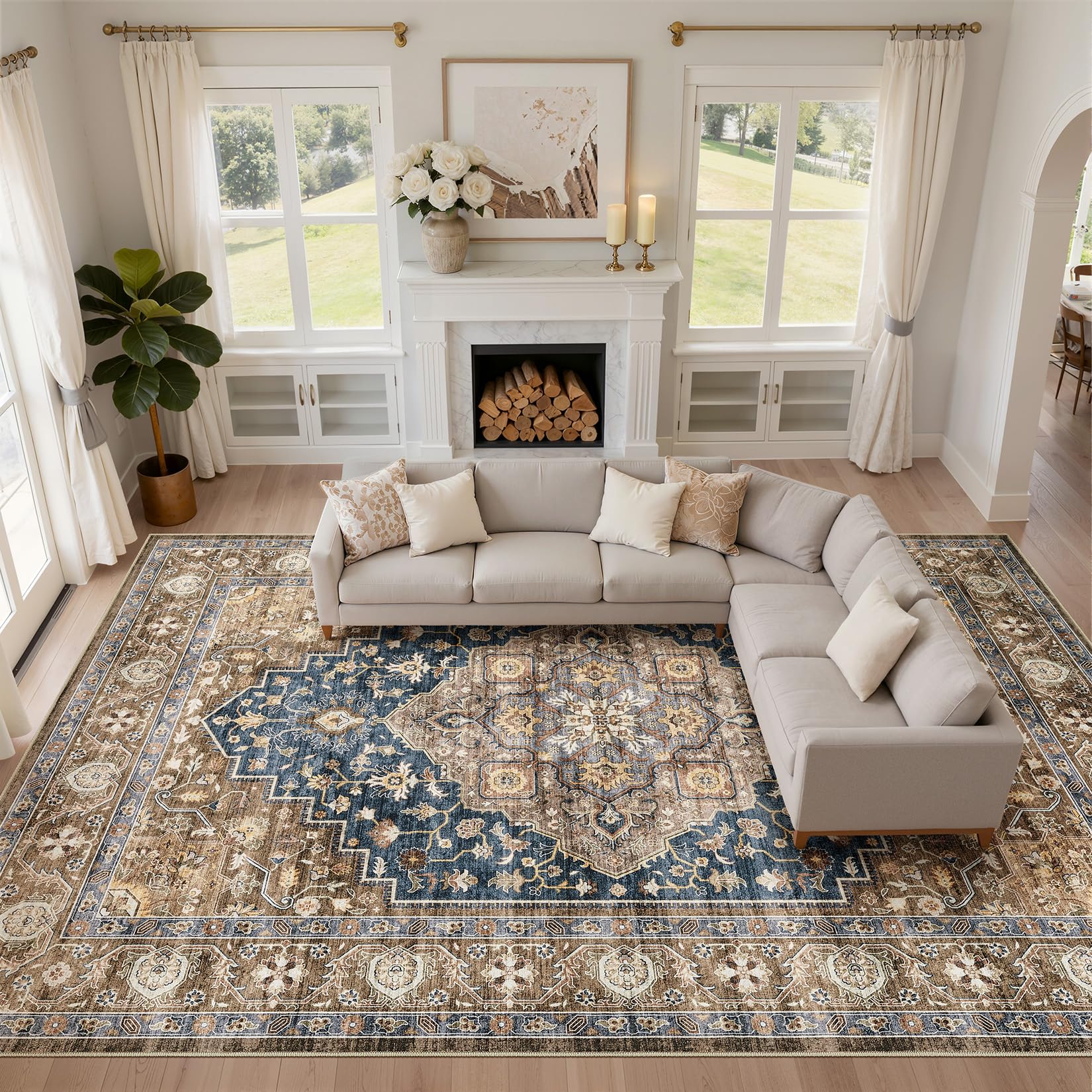 LOONGRUG 10x13 Area Rug Washable Vintage Boho Living Room Rug Yellow Blue