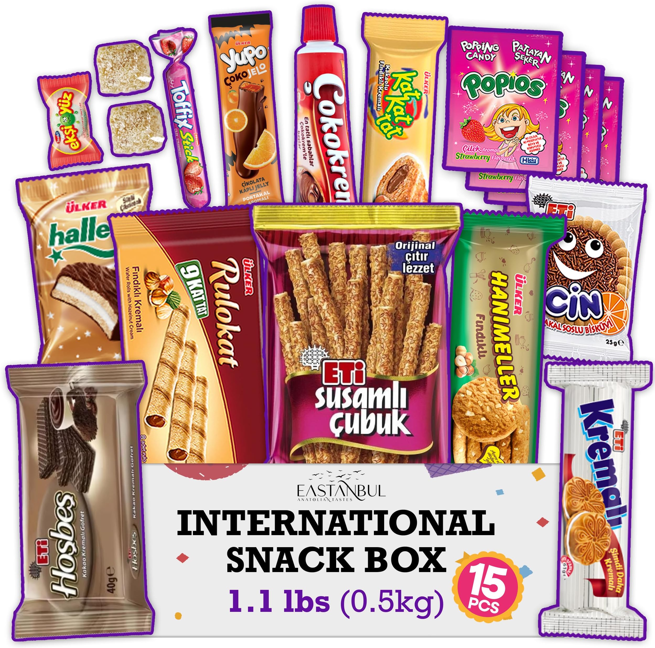 Eastanbul International Snack Box, Premium 15 Full-Size Foreign Snack Box, Exotic Turkish Snacks From Around The World International Snacks, Sweet, Savory, Chewy, Crunchy Snack Box (Mini)