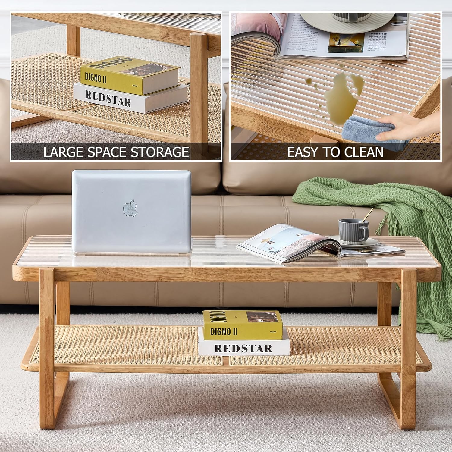 Solid Wood Coffee Table for Living Room, Glass Coffee Table Water Wave Patterned Tempered Glass Tabletop, Modern Coffee Table with PE Rattan Storage Shelf for Livinig Room.