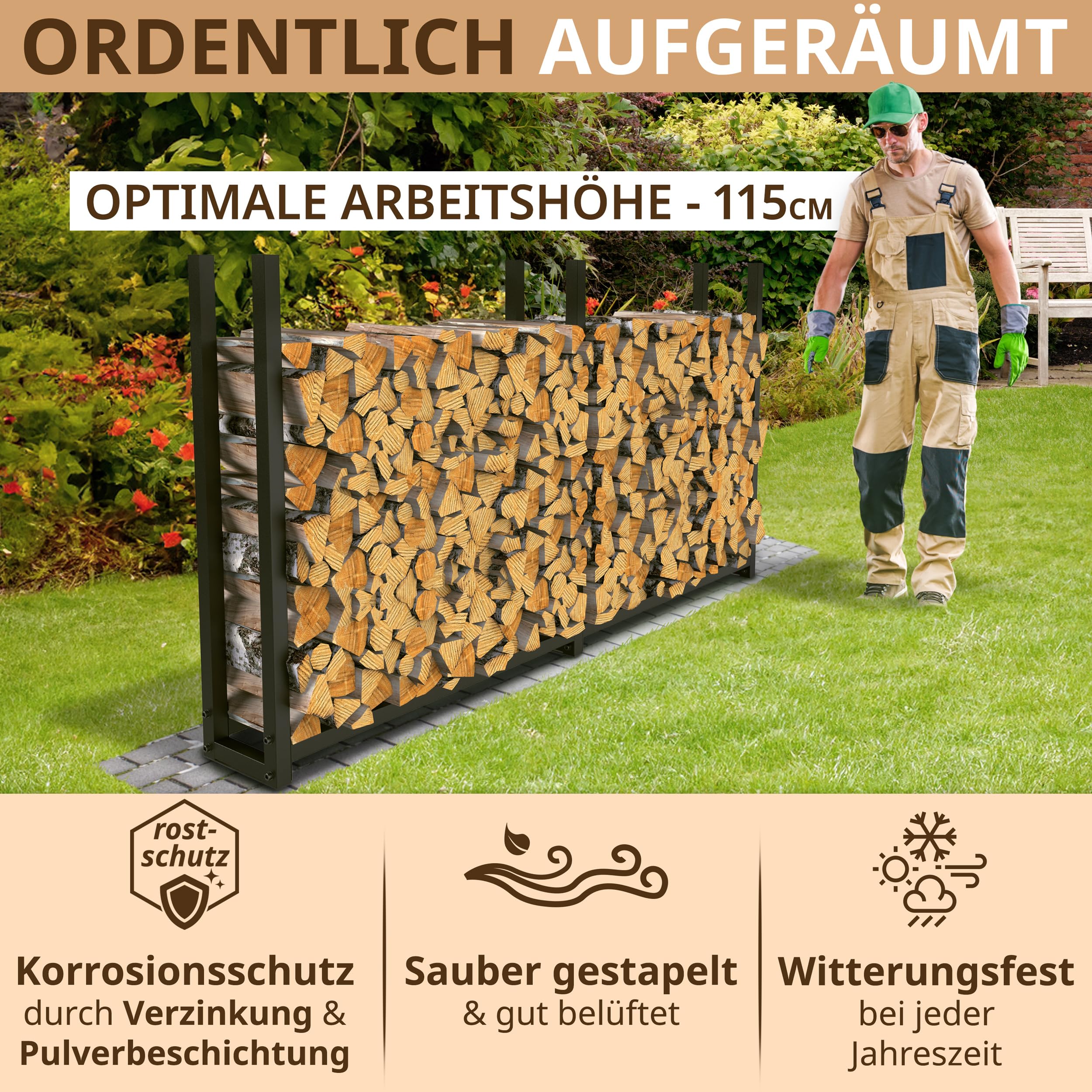 Kaminholzregal aussen Metall 223x25x115 | Stapelhilfe Brennholz VERZINKT 800kg Feuerholzregal für 25cm und 33cm Holz Kaminholzunterstand