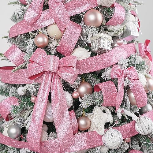 Miniatura 5 de MEEDEE Cinta rosa con purpurina rosa claro de 2.5 pulgadas de ancho por 25 yardas, cinta rosa gruesa para decoración de árbol de Navidad, guirnalda