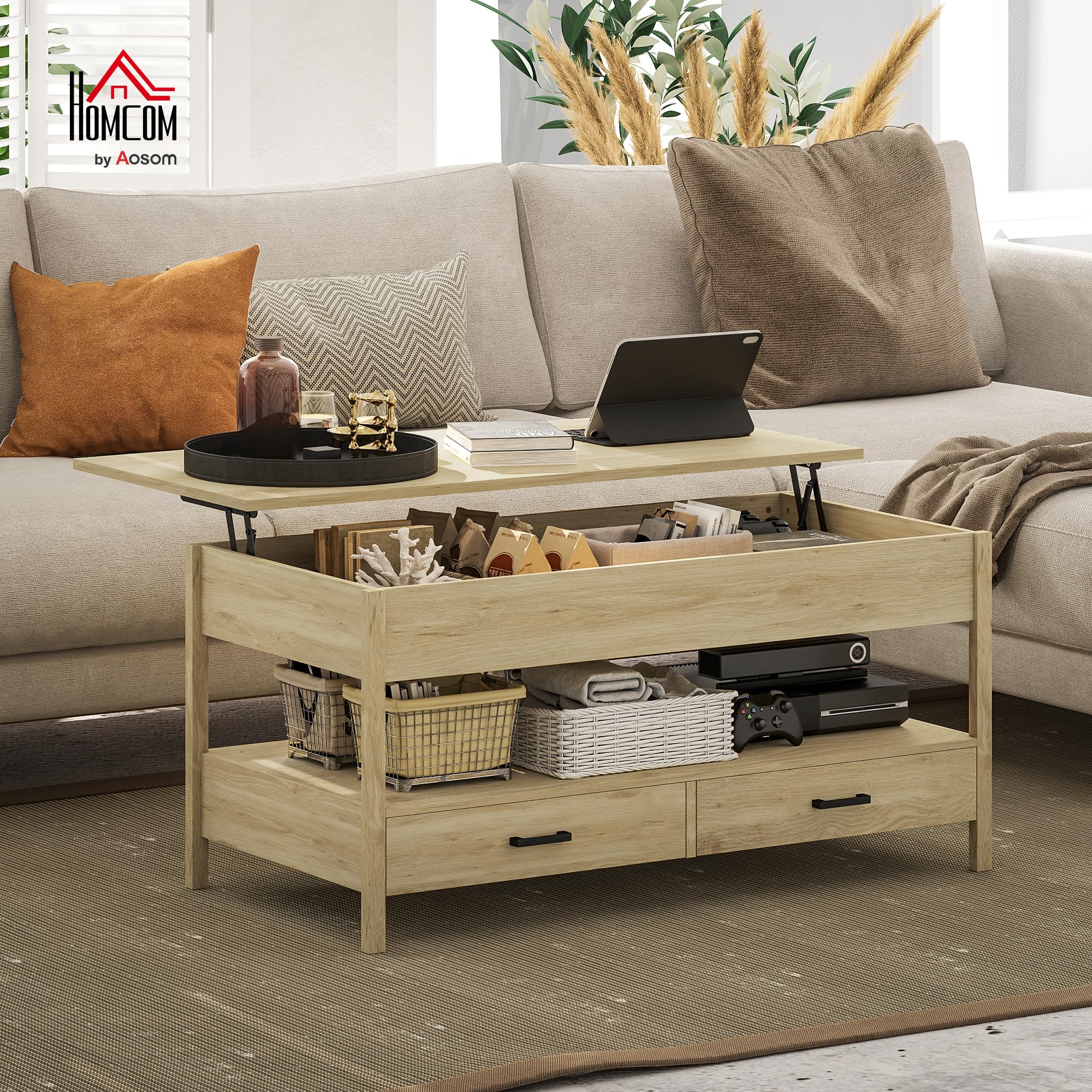 HOMCOM Mesa de Centro Elevable Encimera Elevable Cajones Roble | Mesa de Café, Espacio Oculto de Almacenaje, Estante Abierto, 100x50x48-62 cm